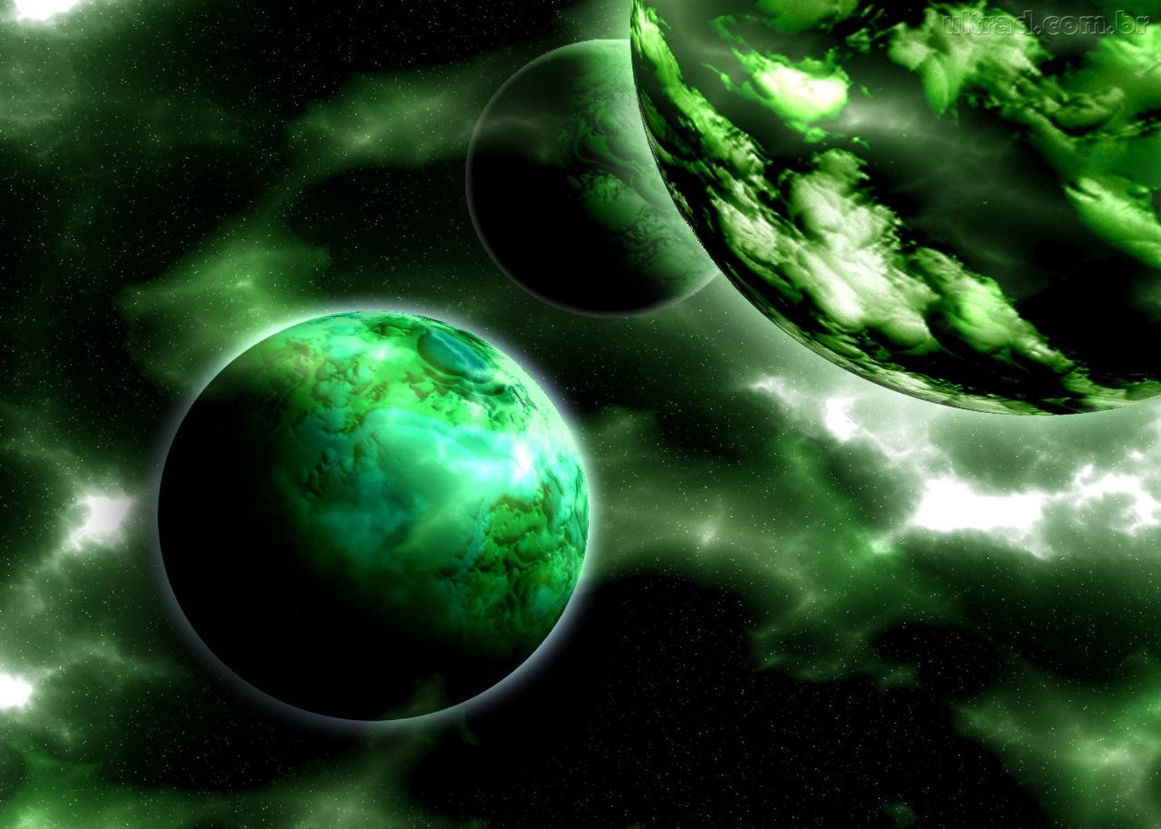 三顆發光的綠色行星在帶有星星的宇宙星雲中 — 外太空 GIF 壁紙