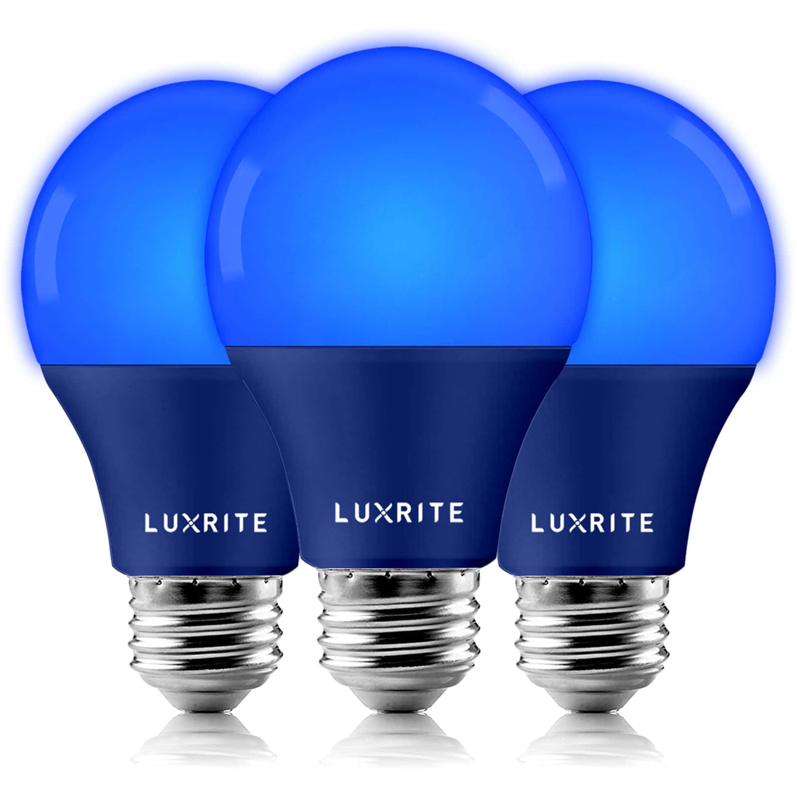 Blue Light 桌布 壁紙 — 三顆發光的藍色Luxrite LED燈泡，帶金屬底座，整齊排列在一行，背景為潔白無瑕的白色。
