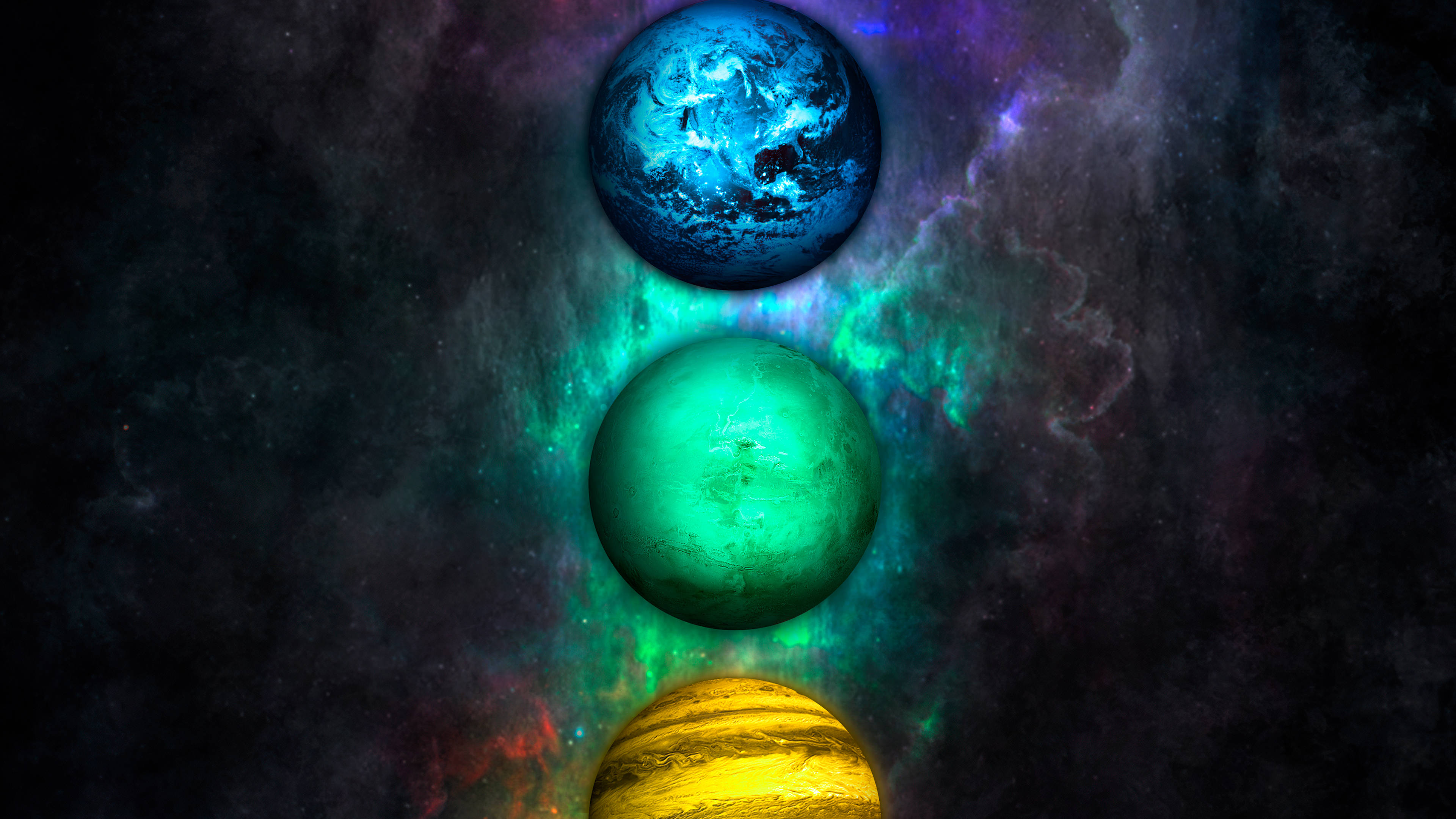 chakra 桌布 壁紙 — 三顆發光的行星藍色、綠色和黃色垂直漂浮在宇宙星雲背景上。