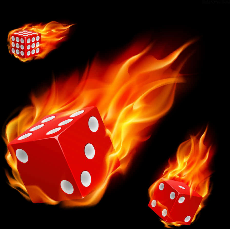 games 桌布 壁紙 — 三顆紅色骰子被鮮豔的橙色火焰吞噬，背景為純黑色。
