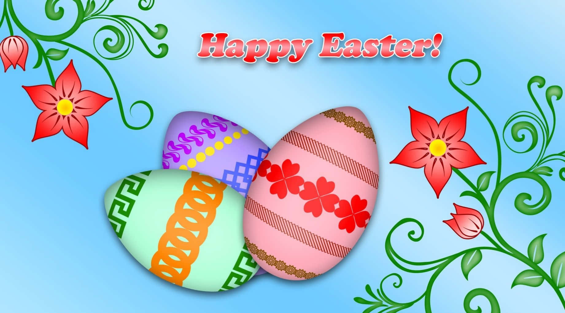 Happy Easter 桌布 壁紙 — 三顆色彩鮮豔的復活節彩蛋，點綴在紅花和綠藤之間，背景是柔和的藍色漸變。