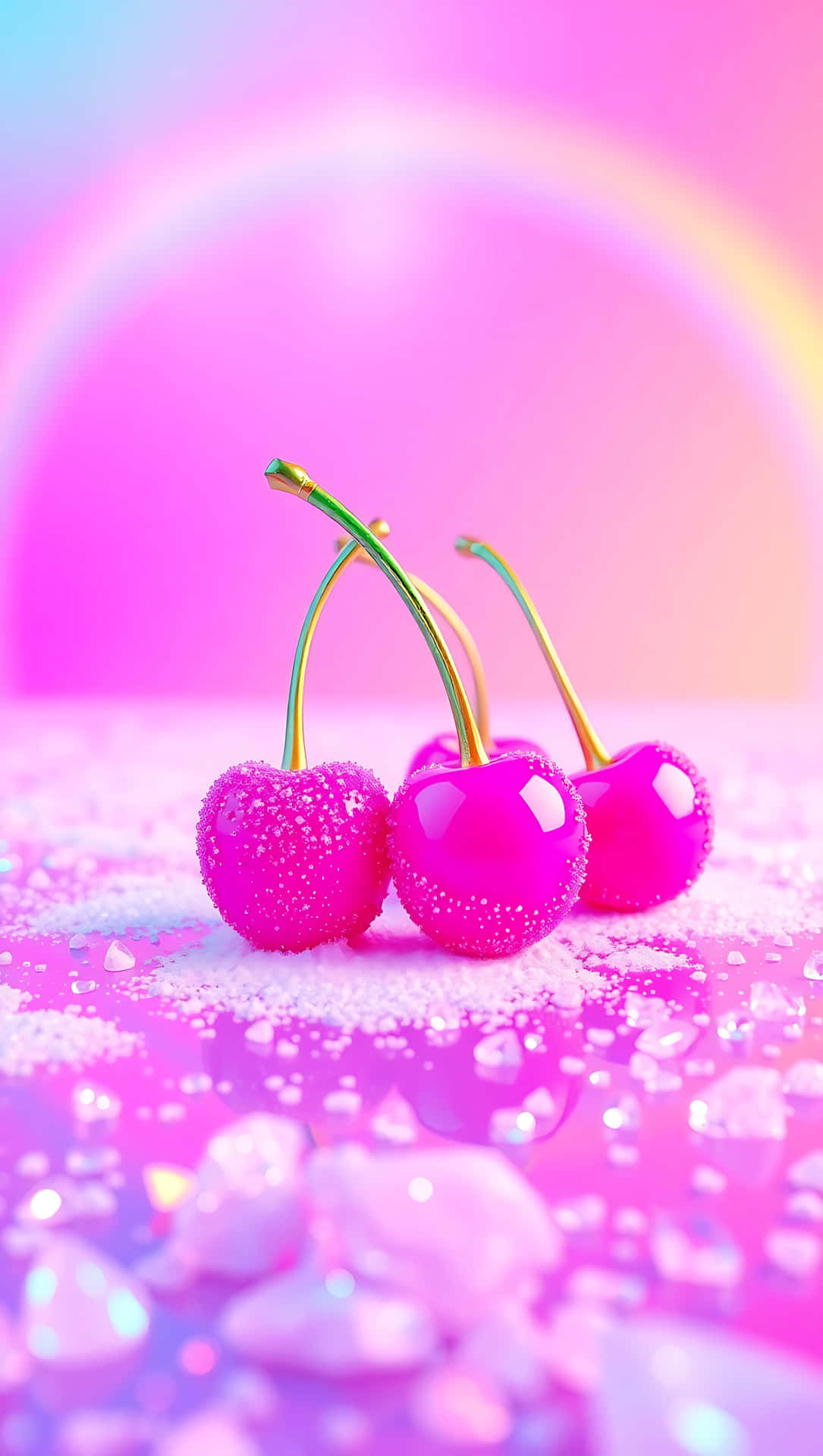 Pink Pop Candy Cherries – Holo Sweet Vibes 48-1 壁紙 — 三顆閃閃發光的粉紅色櫻桃，帶有金色莖，放在閃爍的糖上，背景是柔和的粉藍色漸變。