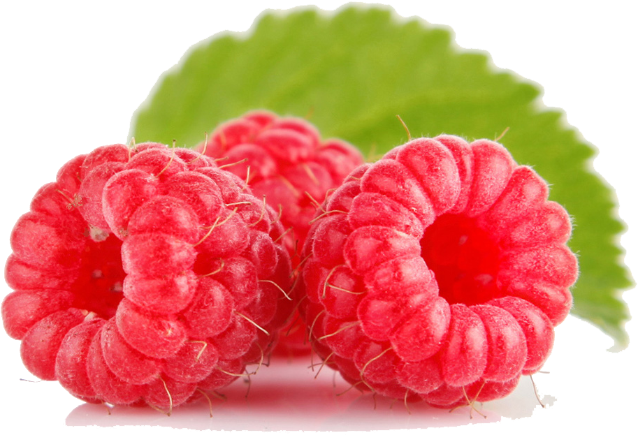 Raspberries 桌布 壁紙 — 三顆飽滿的紅色覆盆子，帶有細毛和一片綠色葉子，放在白色表面上。