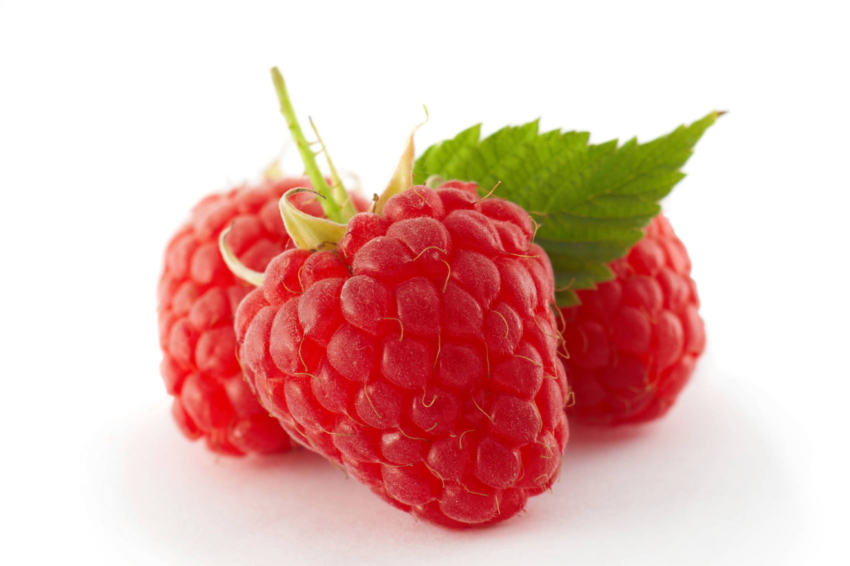 Berry 桌布 壁紙 — 三顆飽滿的紅覆盆子搭配綠葉，放在潔白的表面上，閃爍著自然露珠。