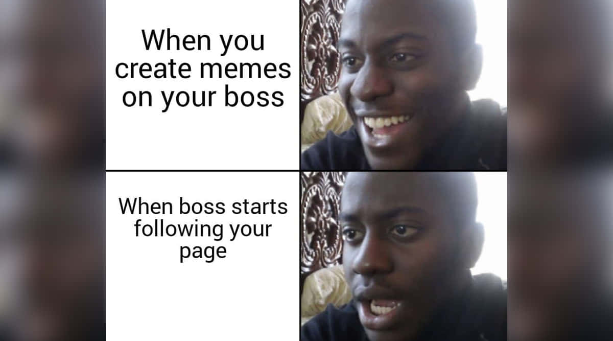 Funny Meme Profile 桌布 壁紙 — 上方面板中，一名男子咧嘴大笑，下方面板中則顯得震驚，對比了創作關於老闆的迷因與老闆追蹤他的頁面的反應。