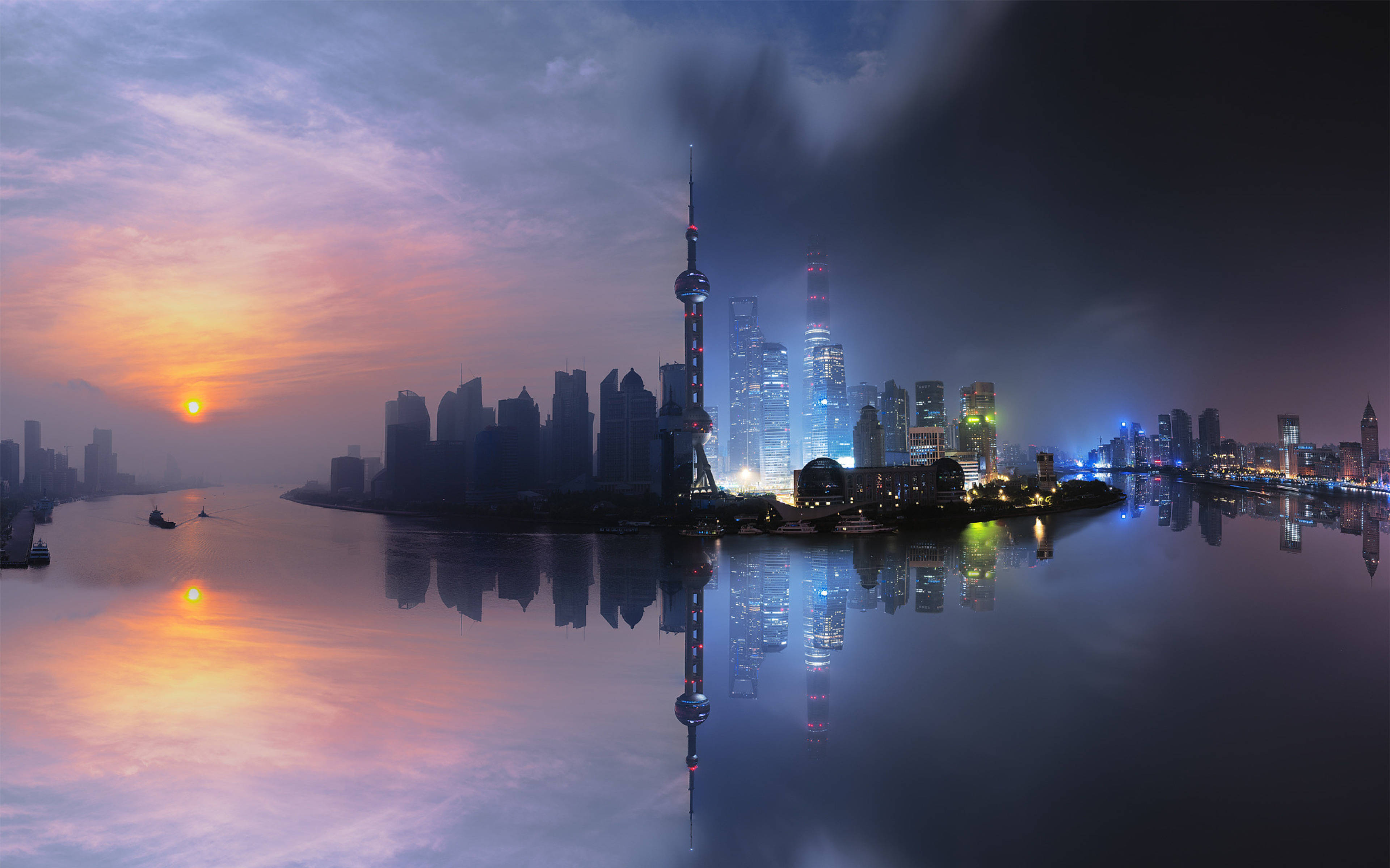 Shanghai 桌布 壁紙 — 上海天際線的迷人黃昏景色，東方明珠塔和摩天大樓倒映在黃浦江中。