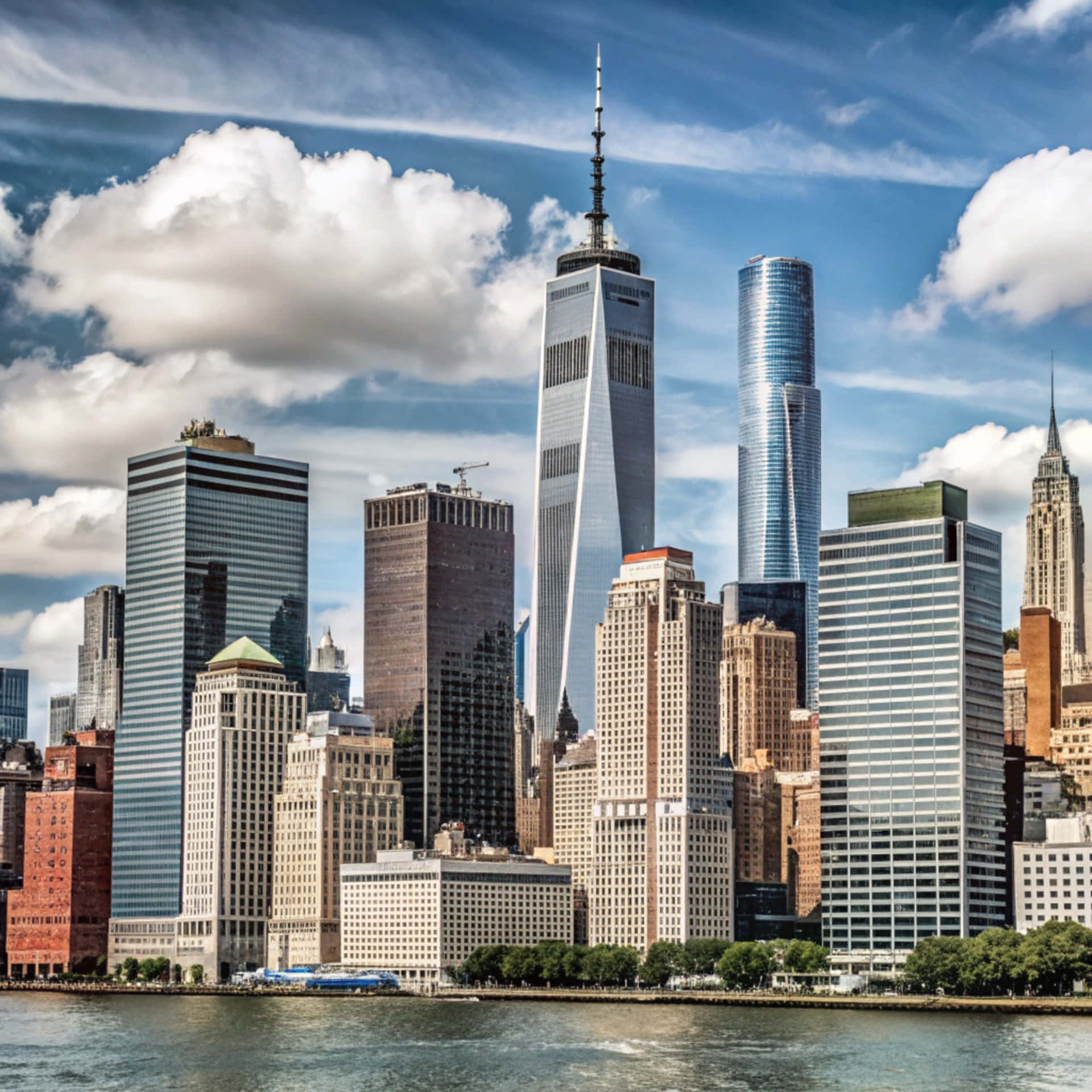 New York Skyline 壁紙 — 下曼哈頓高聳的摩天大樓在明亮的藍天和蓬鬆的白雲映襯下，倒映在下面的水中。