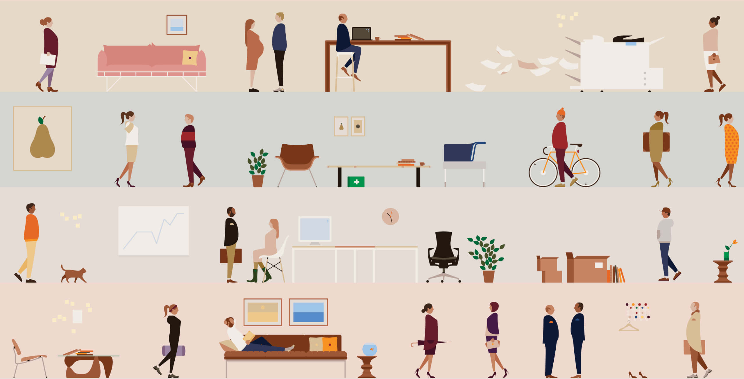 Therapeutic Desktop 桌布 壁紙 — 不同人士在各種室內和室外城市場景中與家具和日常物品的平面向量插圖。