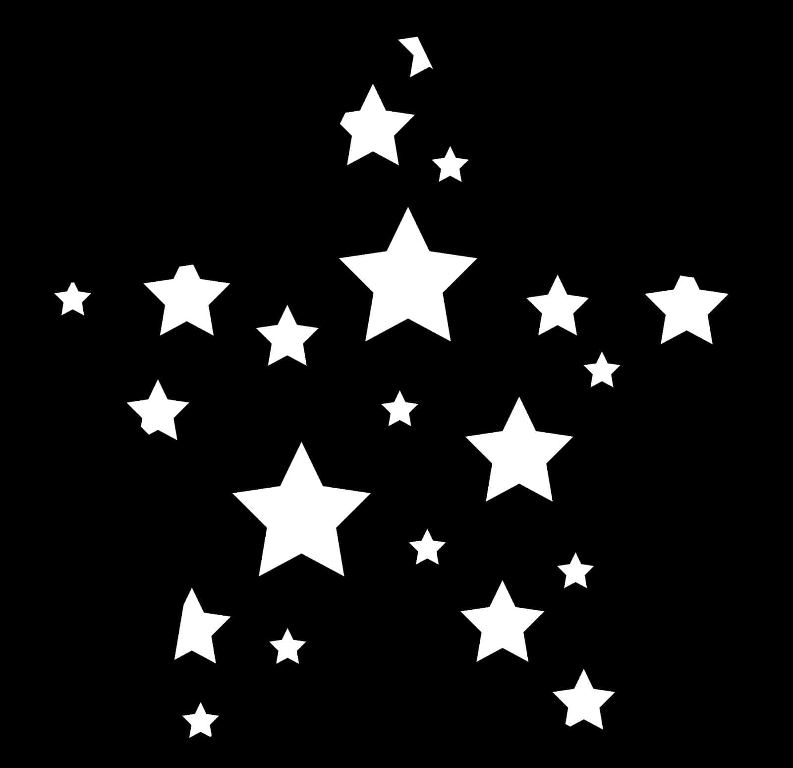 Black And White Star 桌布 壁紙 — 不同大小的白色星星以分散的圖案漂浮在純黑色背景上。