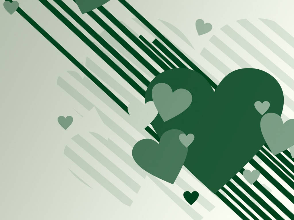 Green Heart 桌布 壁紙 — 不同大小的綠色心形圖案以對角線方式漂浮在柔和及深綠色條紋背景上。