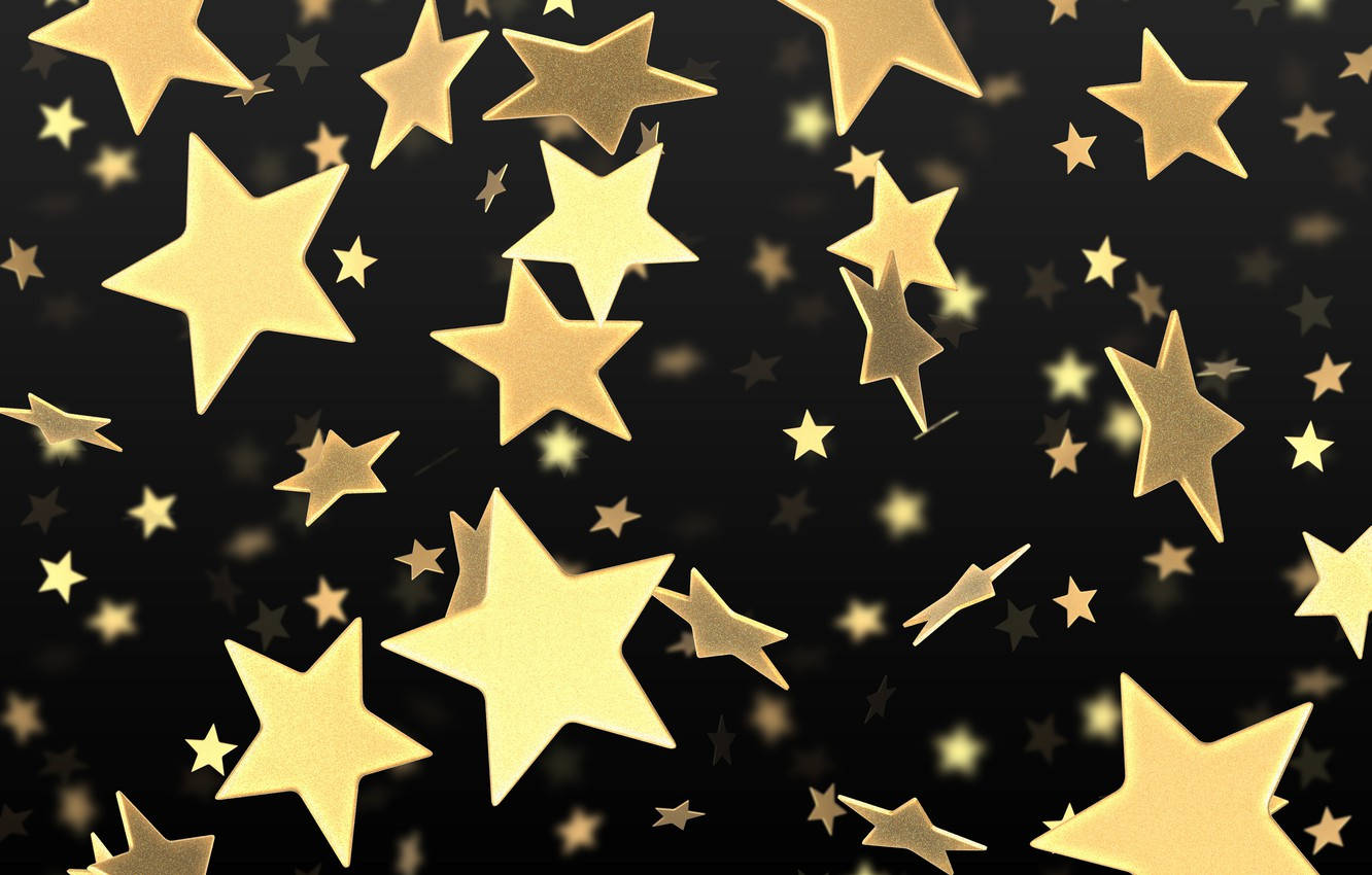 Stars 桌布 壁紙 — 不同大小的金色星星在深黑色背景上漂浮閃爍，營造出節日般的宇宙場景。