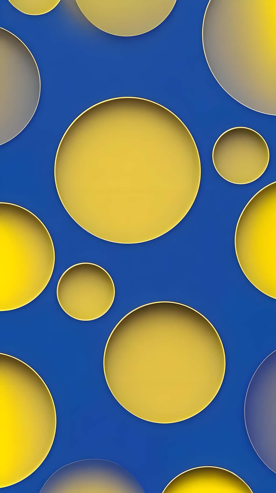 Blue & Yellow Circle Charm: Minimalist Modern Abstract Wallpaper 壁紙 — 不同大小的鮮黃色圓圈在深藍色背景上漂浮，帶有柔和陰影，營造出分層的3D效果。