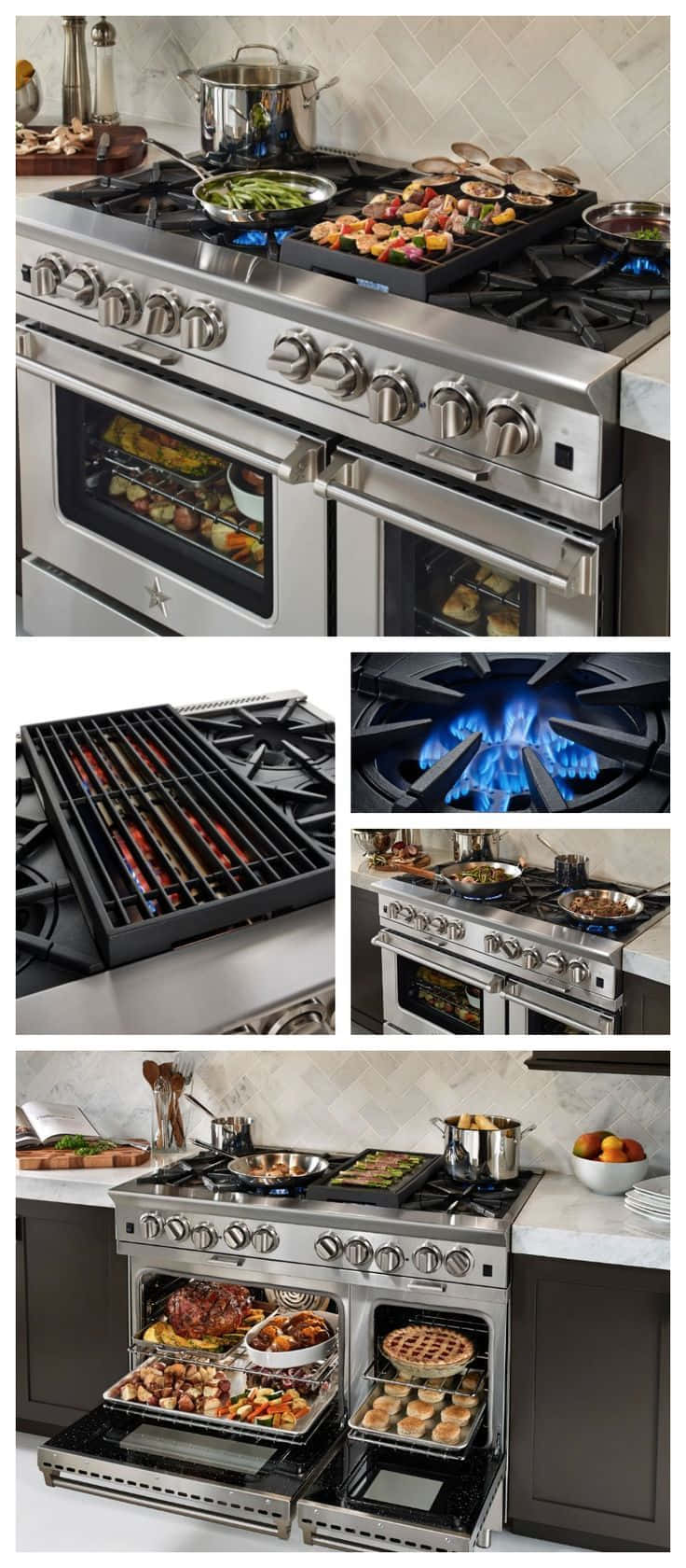Stove 桌布 壁紙 — 不鏽鋼專業爐灶用藍色火焰烹調色彩繽紛的食物，打開的烤箱門露出烤盤菜餚。