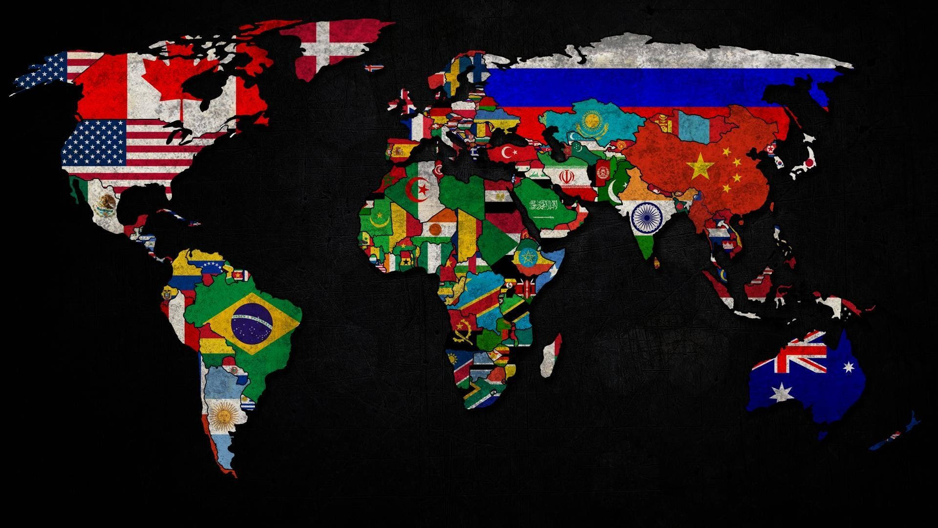 World 桌布 壁紙 — 世界地圖，每個國家都以其國旗填充，背景為深色紋理。