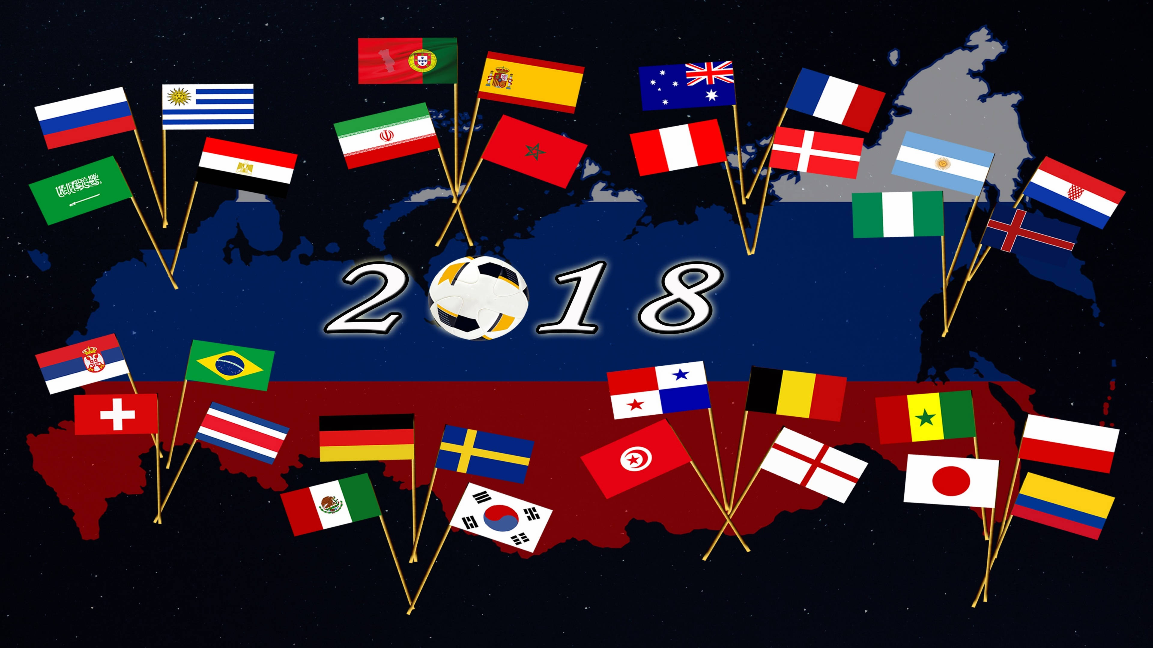 World 桌布 壁紙 — 世界地圖背景顯示多個國旗插在棍上，圍繞2018年和一個足球。