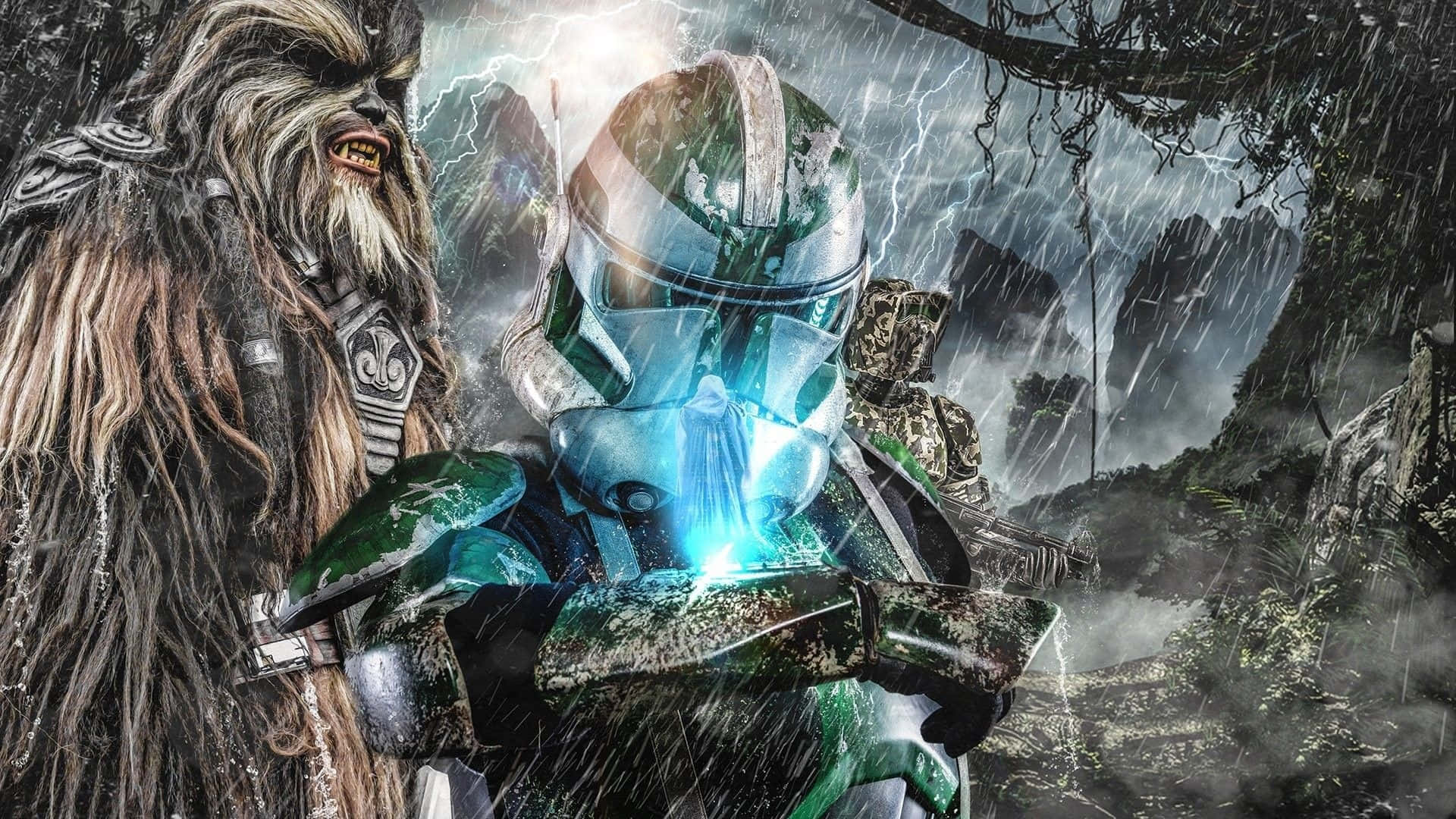 Clone Wars 桌布 壁紙 — 丘巴卡和一名複製人兵士站在暴風雨中的叢林，身後閃電閃爍。