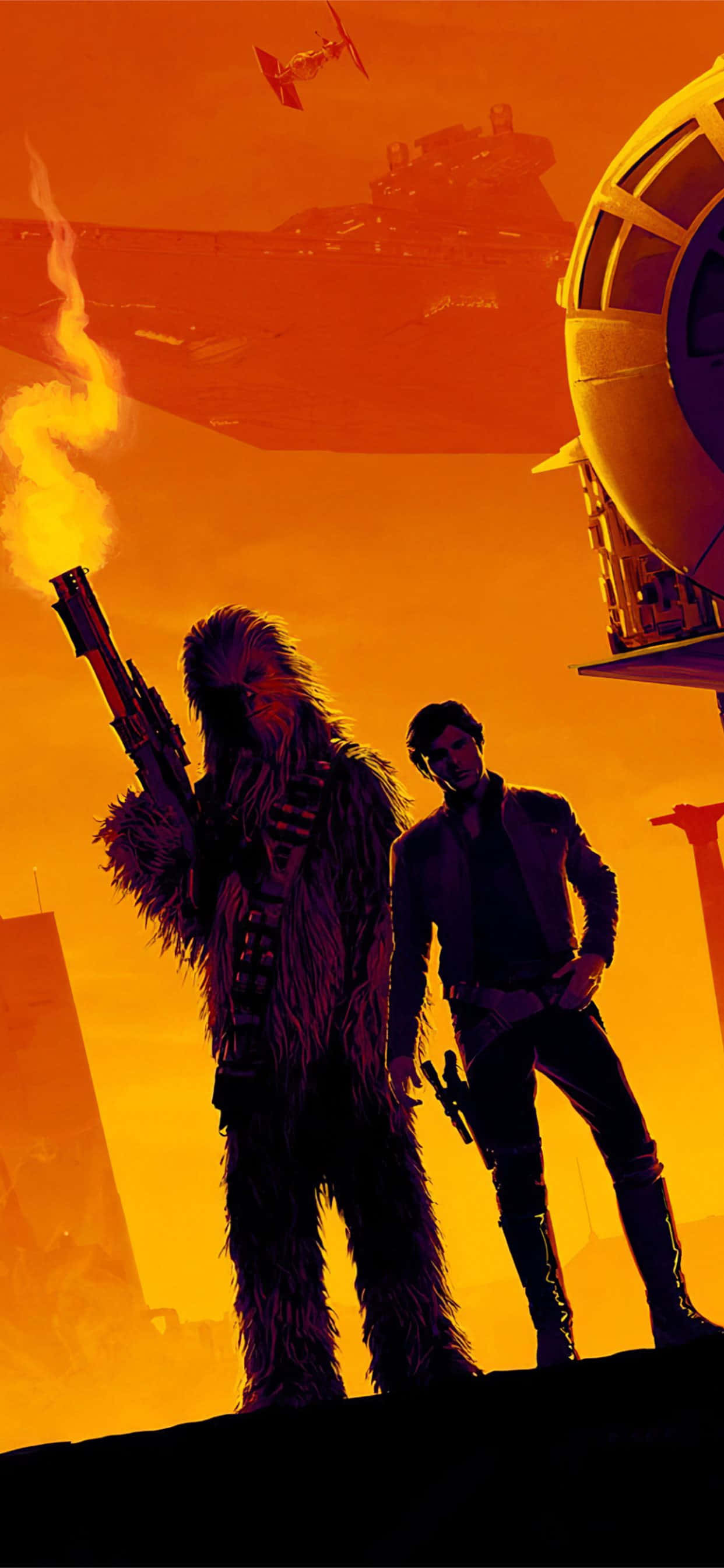 Han Solo and Chewbacca in Solo: A Star Wars Story 壁紙 — 丘巴卡和韓索羅在熾熱橙色外星日落中形成剪影，一架TIE戰鬥機在他們頭頂飛過。