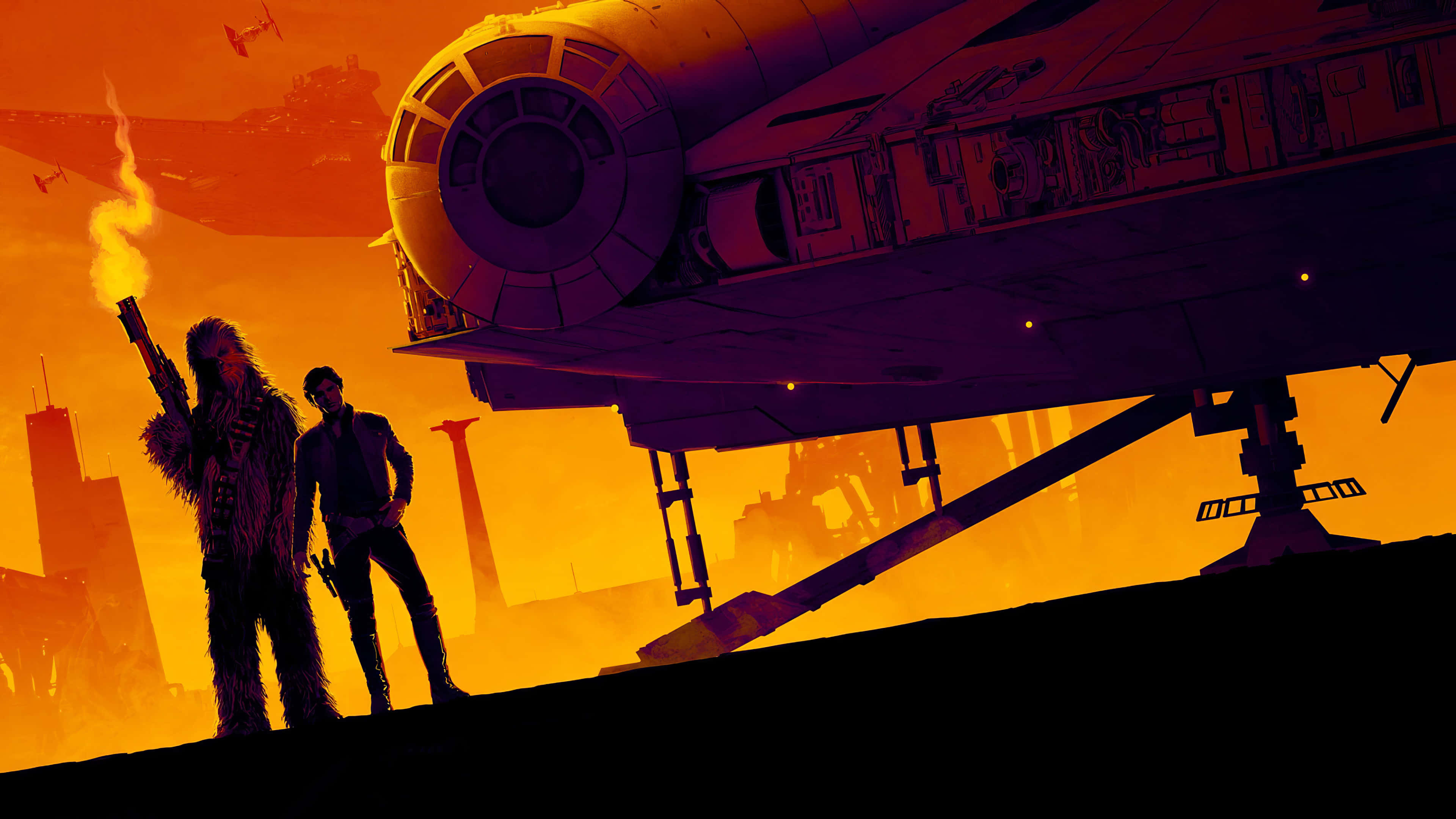 Solo A Star Wars Story 桌布 壁紙 — 丘巴卡和韓索羅站在千年鷹號前，背景是火紅的橙色夕陽天空，遠處有星際戰鬥機。