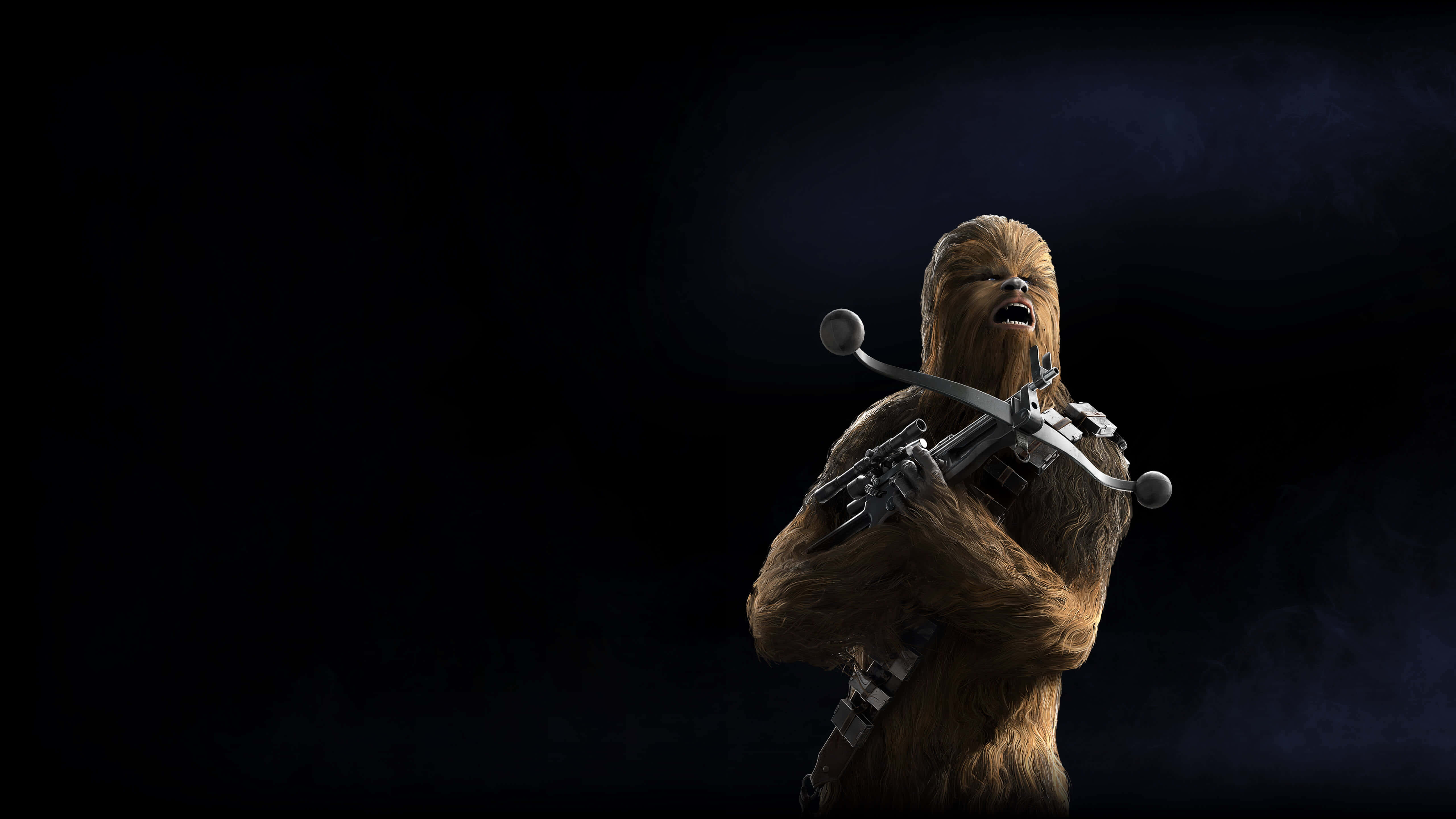 Wookiee 桌布 壁紙 — 丘巴卡在黑暗煙霧背景下揮舞十字弓，兇猛咆哮。