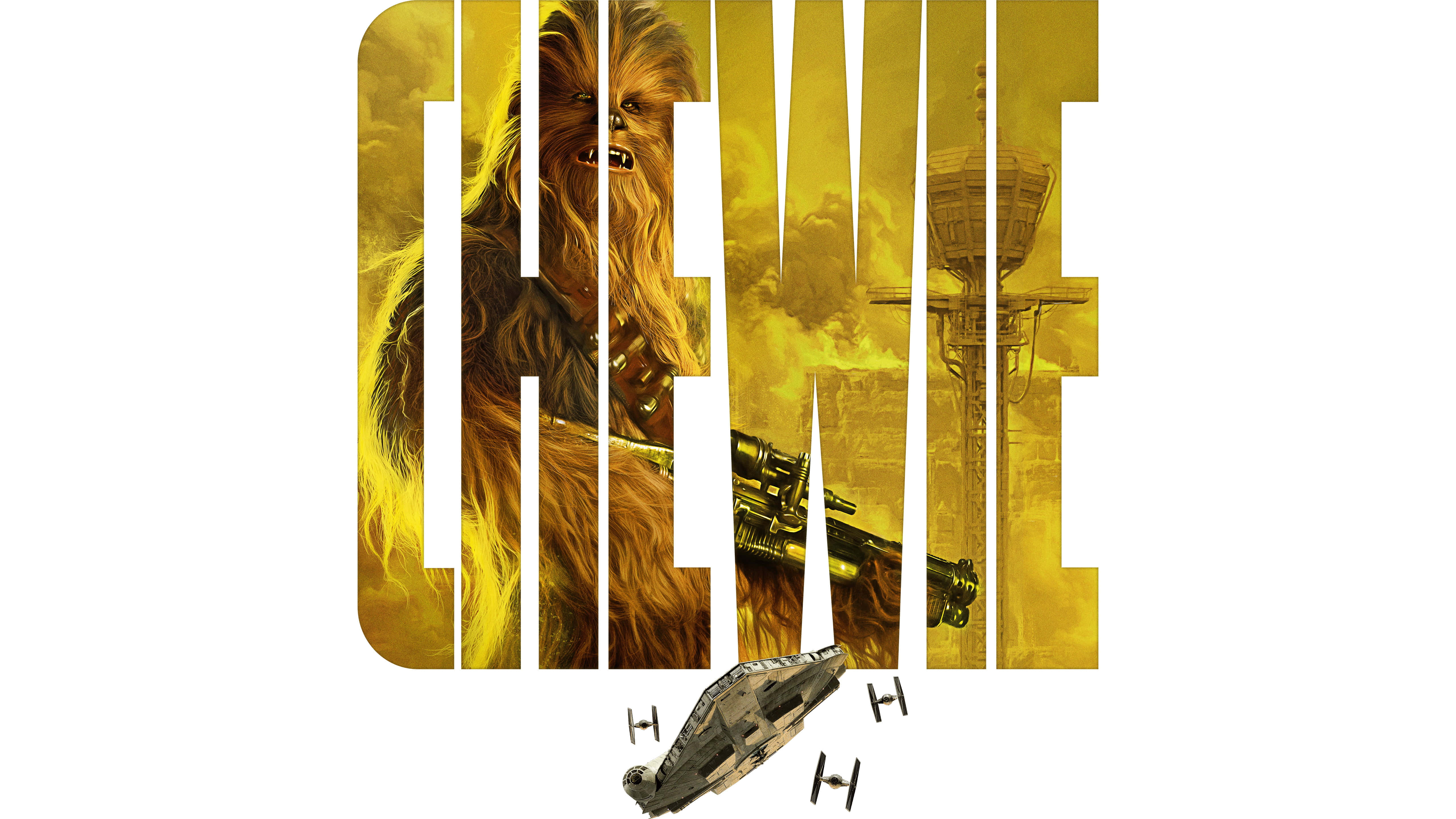 Wookiee 桌布 壁紙 — 丘巴卡從粗體黃色字體中出現，下方是其標誌性的弩槍和千年鷹號。