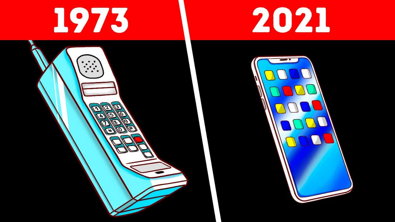 手機 桌布 壁紙 — 並排卡通插圖，比較1973年有線電話與2021年智慧型手機，背景為黑色。