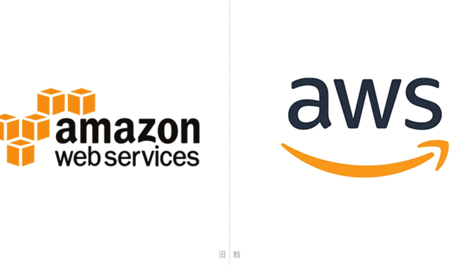 亞馬遜 桌布 壁紙 — 並排比較 Amazon Web Services 舊標誌（橙色立方體）與新簡約 aws 標誌（彎曲箭頭）。
