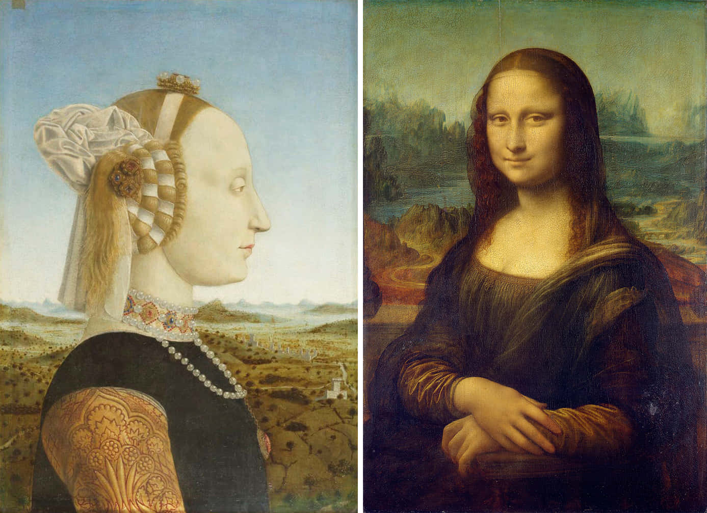 Mona Lisa 桌布 壁紙 — 並排的文藝復興肖像畫：側面戴面紗的貴族女士和帶著神秘微笑的蒙娜麗莎。