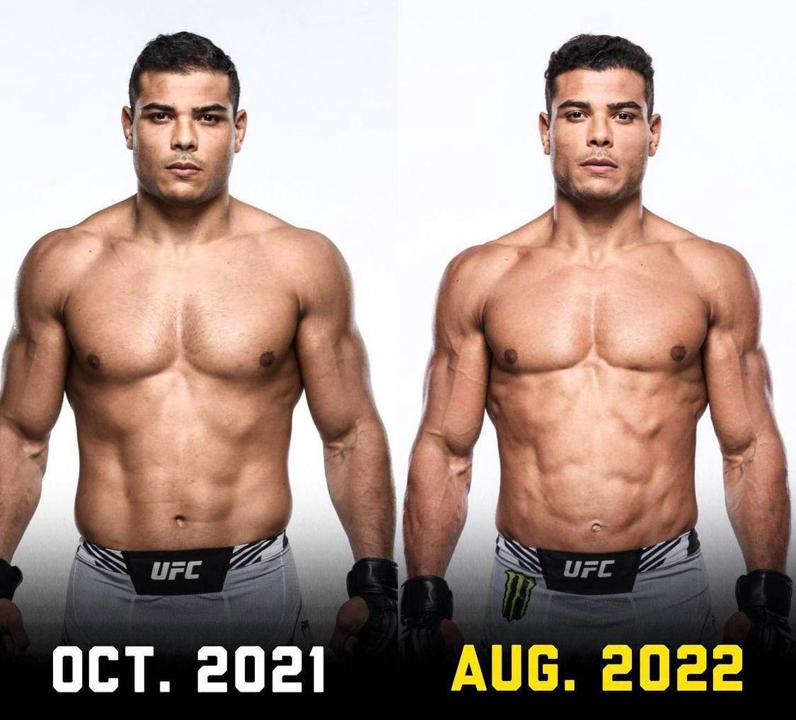 UFC 桌布 壁紙 — 並排肖像，展示一位肌肉發達的戰士從2021年10月到2022年8月的體格轉變。