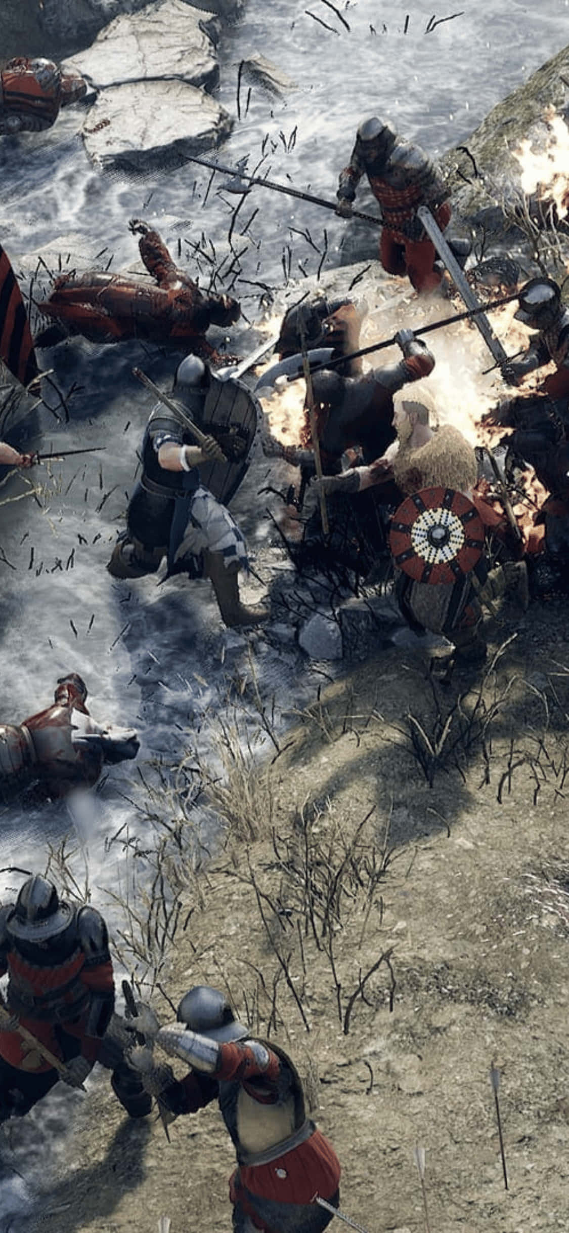 iPhone Xs Mordhau 桌布 壁紙 — 中世紀戰士在岩石河岸上進行殘酷的近戰，水花四濺，碎片飛揚。