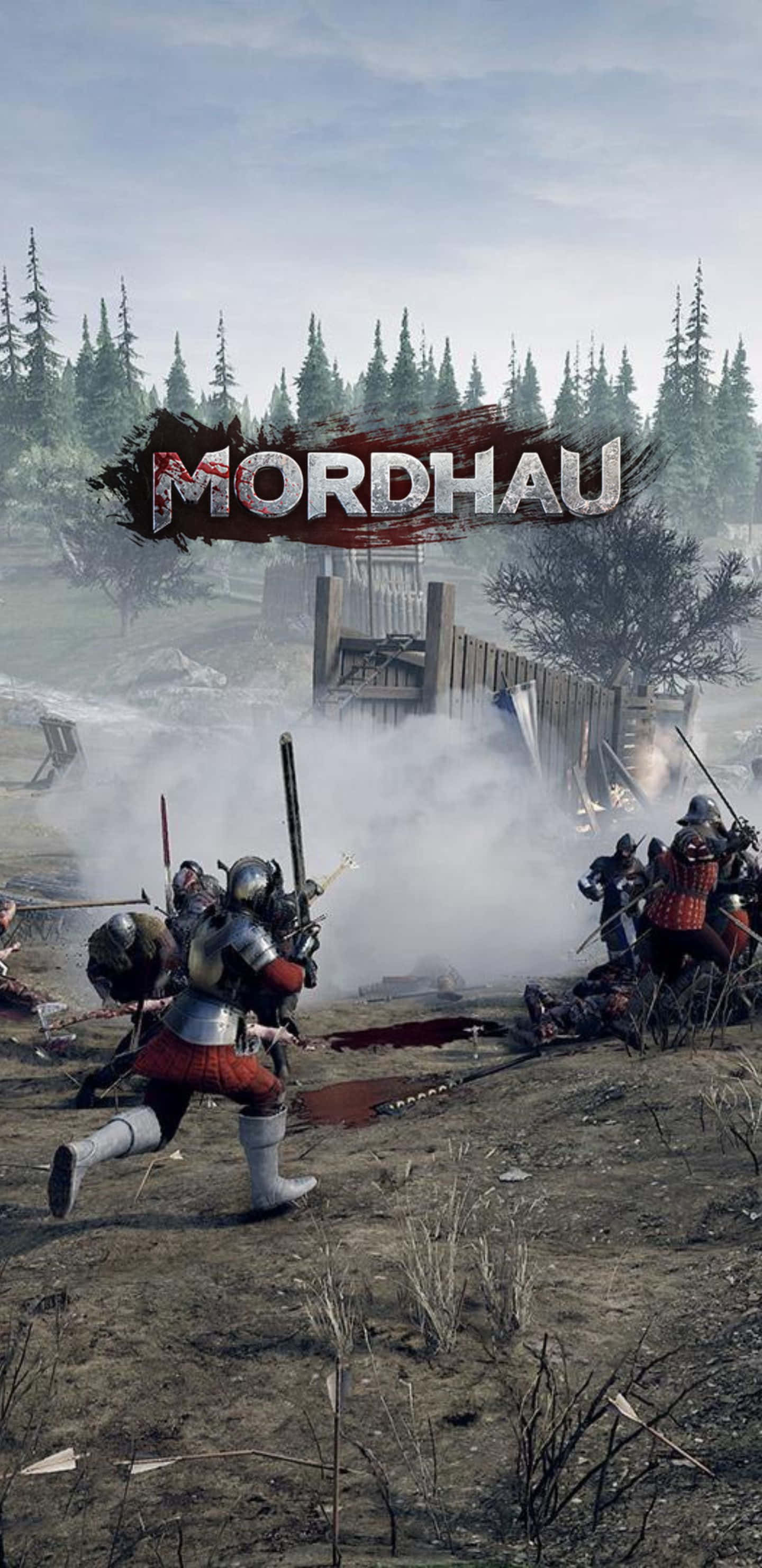 Pixel 3xl Mordhau 桌布 壁紙 — 中世紀戰士在煙霧瀰漫的戰場上衝突，周圍是松樹和木製路障。