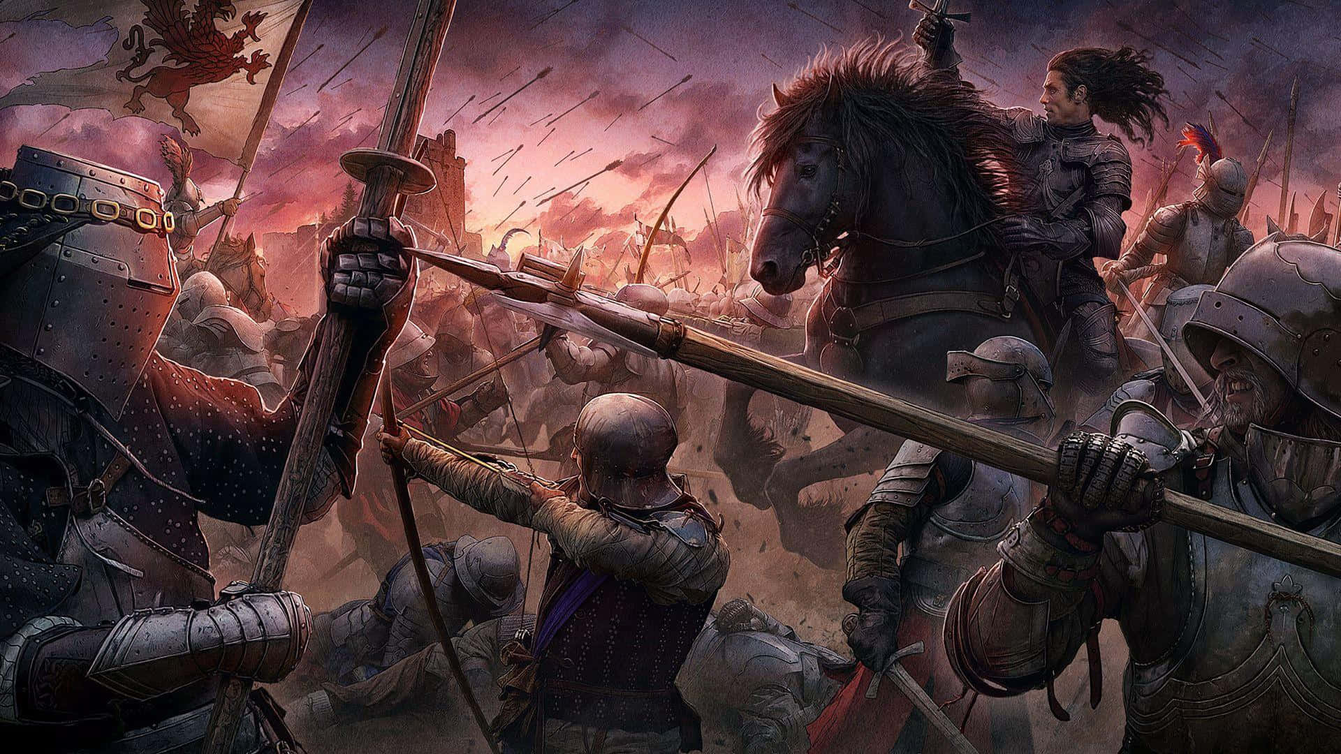 中世紀 桌布 壁紙 — 中世紀騎士與士兵在火紅夕陽天空下的混亂戰場上交鋒。
