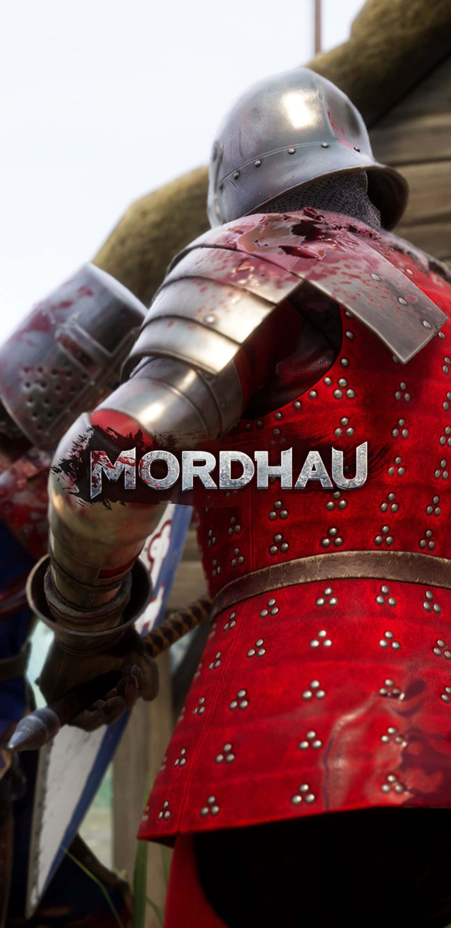Pixel 3xl Mordhau 桌布 壁紙 — 中世紀騎士身穿染血的紅銀色盔甲特寫，遊戲標題 MORDHAU 疊加在上方。