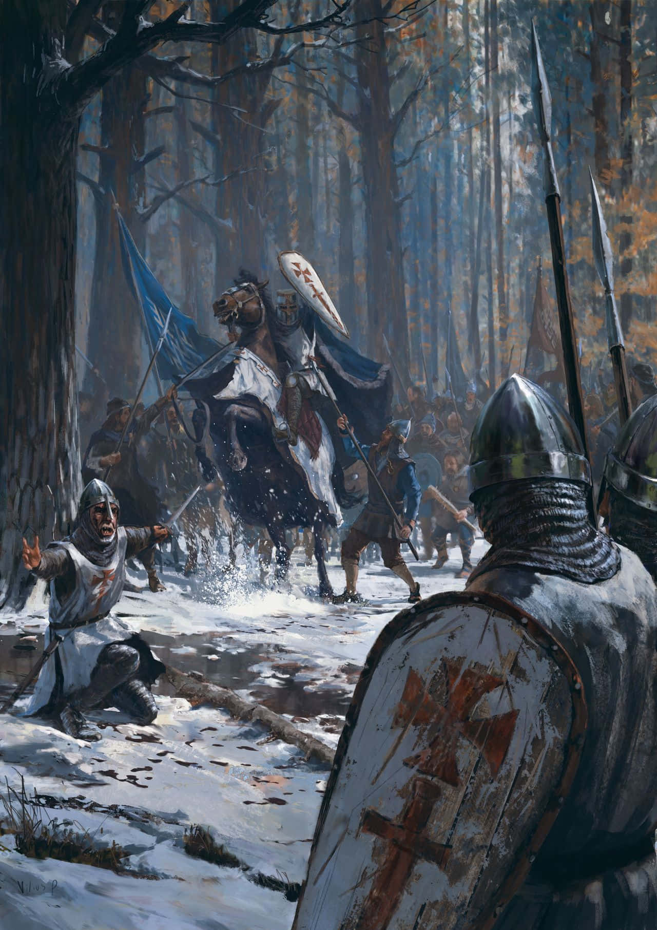 Crusader 桌布 壁紙 — 中世紀騎士身穿盔甲在雪地森林中交戰，一名騎馬指揮官帶領衝鋒。