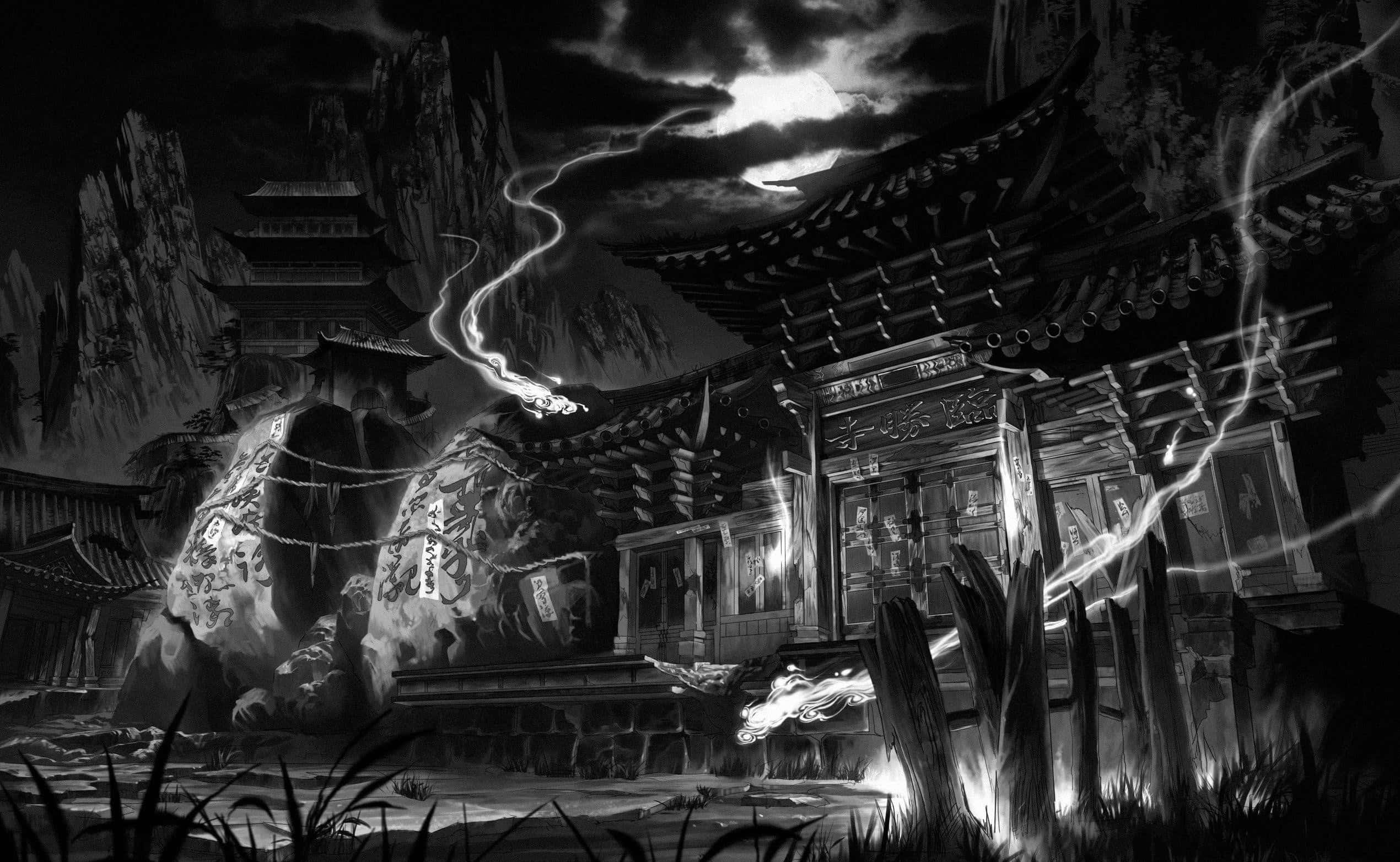 中國寺廟的黑白插畫 壁紙