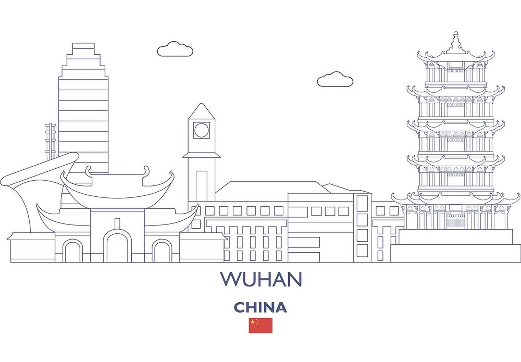 Wuhan 桌布 壁紙 — 中國武漢的極簡線條藝術天際線，包含傳統寶塔、現代塔樓和鐘樓，點綴稀疏雲朵。