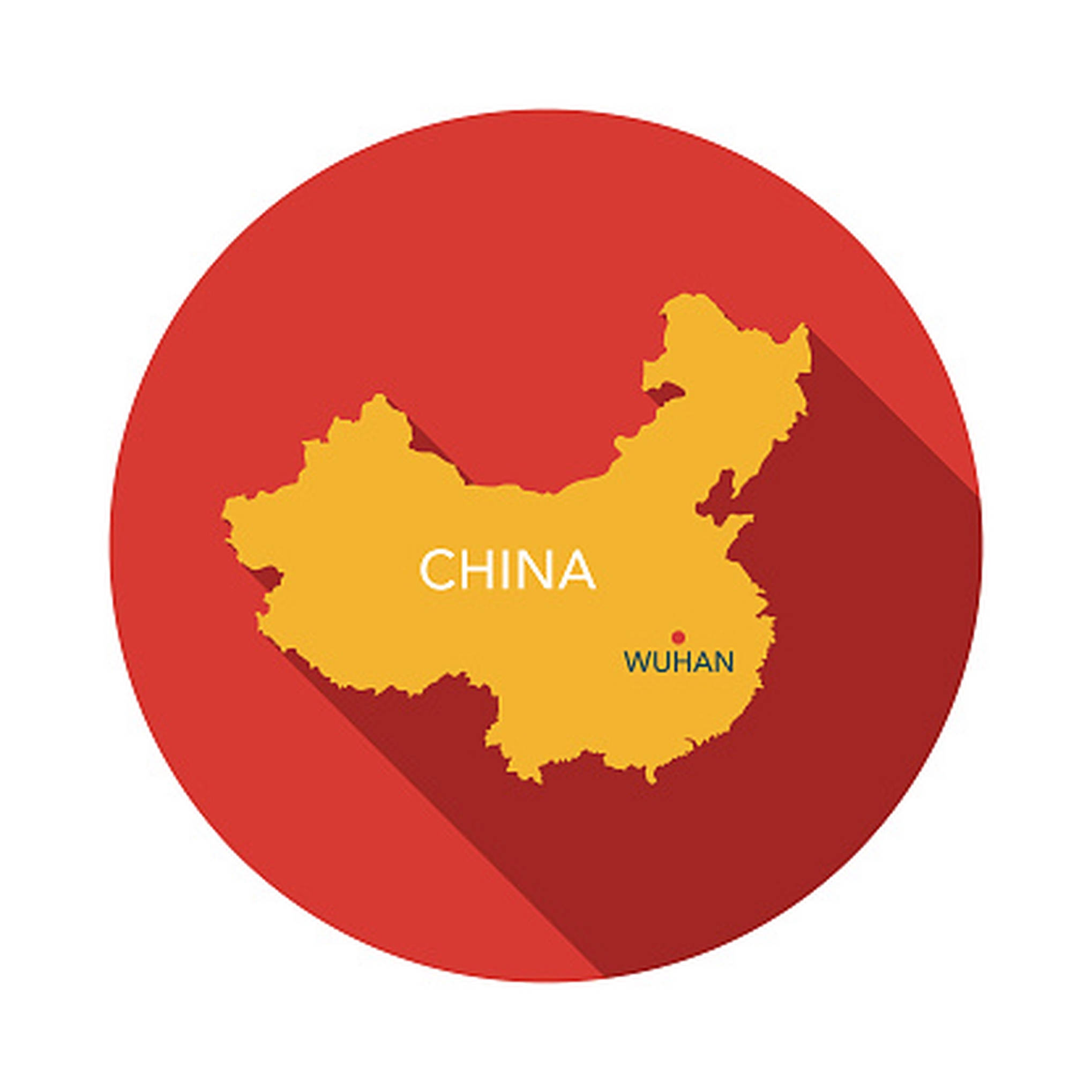 Wuhan 桌布 壁紙 — 中國的扁平設計地圖，黃色，紅色圓形背景，標記武漢，帶有長陰影效果。