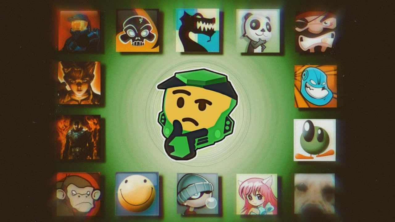 Xbox 360 Gamer 桌布 壁紙 — 中央一個綠色卡通角色，被十二個不同風格的角色肖像以發光框架環繞。