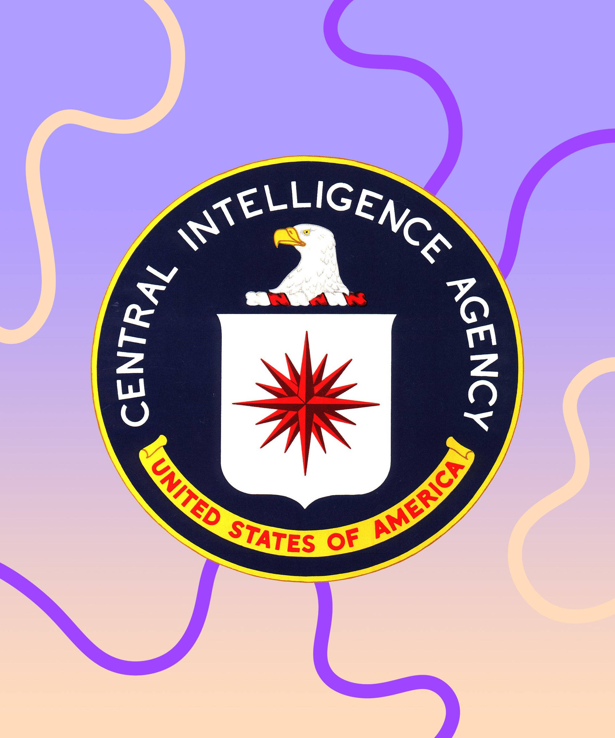 Cia 桌布 壁紙 — 中央情報局印章居中於帶有抽象波浪線的紫色和桃色漸變背景上。