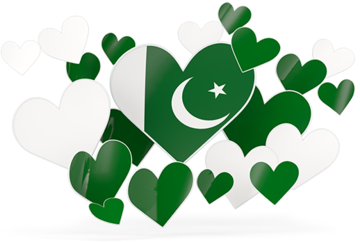 Flag Of Pakistan 桌布 壁紙 — 中央有一個巴基斯坦國旗形狀的心形，被綠色和白色的心形包圍，背景為黑色。