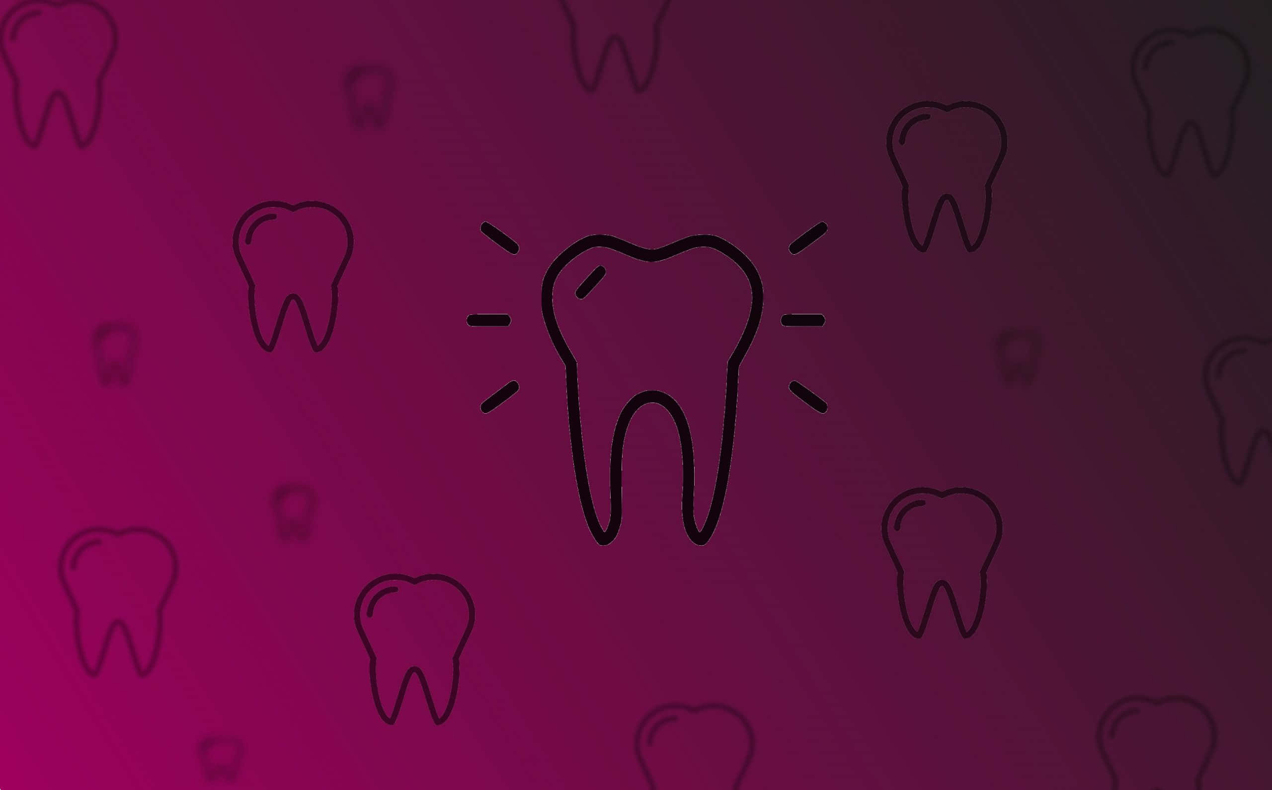 Tooth 桌布 壁紙 — 中央發光的牙齒圖示，周圍環繞著微弱的牙齒輪廓，背景為漸層洋紅色。