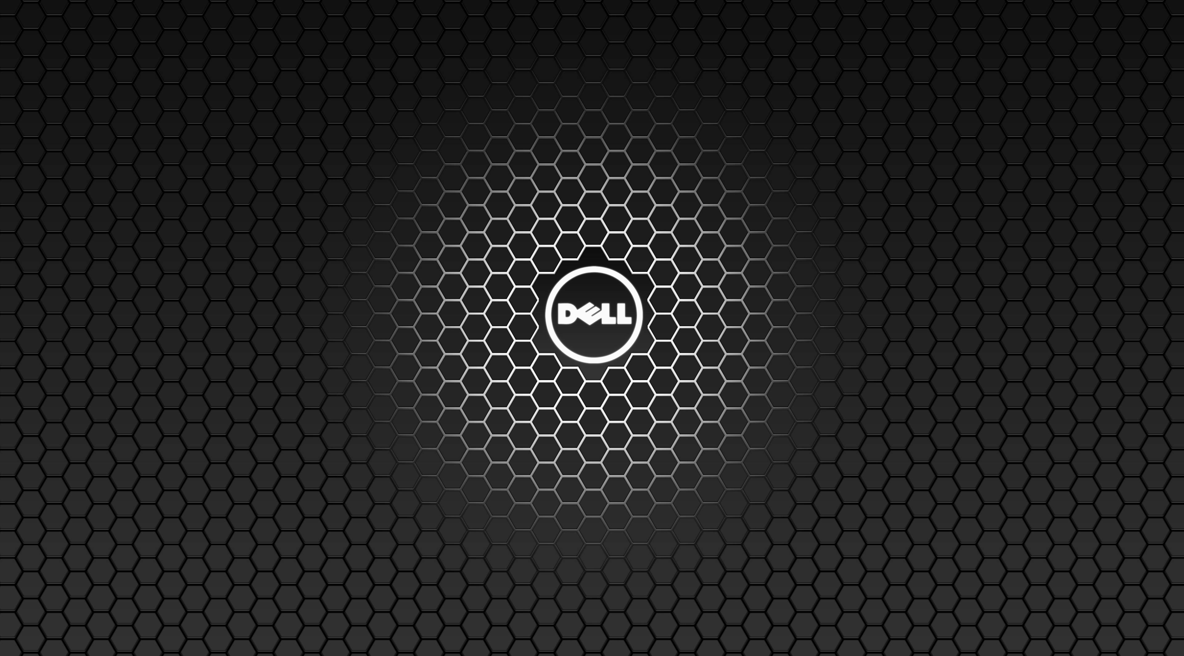 戴爾 HD 桌布 壁紙 — 中央發光的白色Dell標誌向外散發出時尚的黑色六邊形圖案。