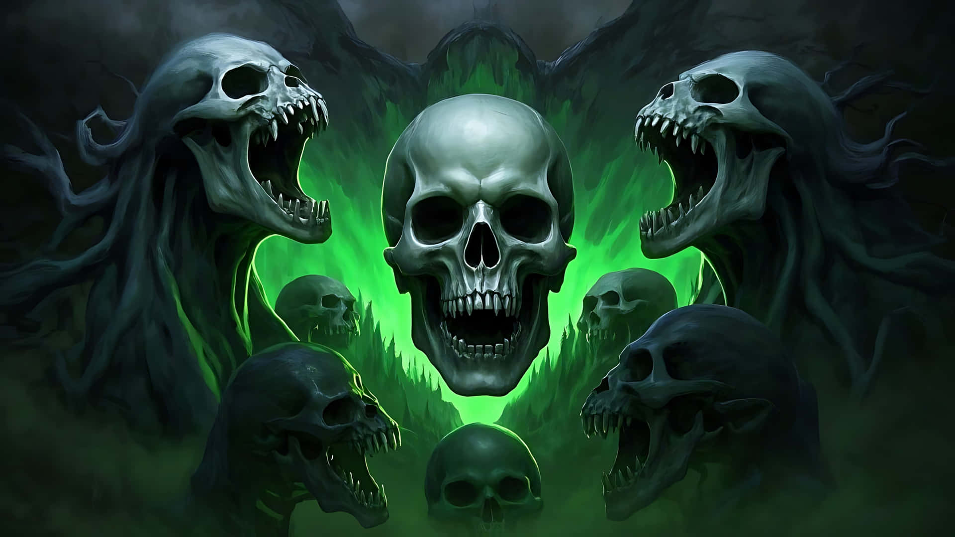 Ghost-Infested Skull with Screaming Shadows. ghost wallpaper 壁紙 — 中央發光的頭骨，被尖叫的鬼魂頭骨包圍，背景是深綠色陰森的森林。