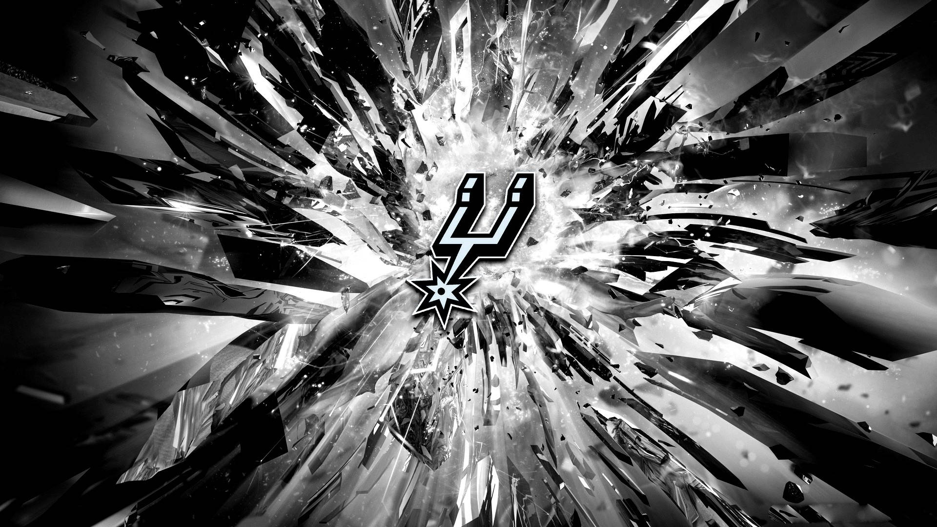 Spurs 桌布 壁紙 — 中央的 Spurs 標誌向外放射出動態的黑白碎玻璃爆炸效果。