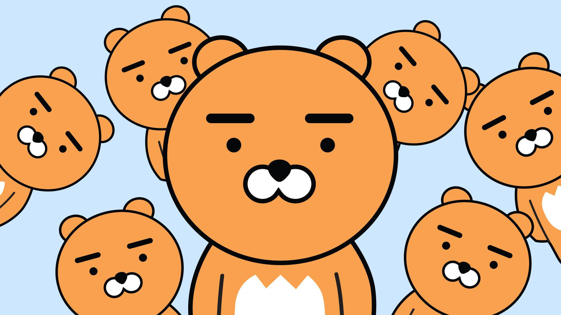 Kakao 桌布 壁紙 — 中央的橙色熊表情嚴肅，被相同的熊包圍在淺藍色背景上。