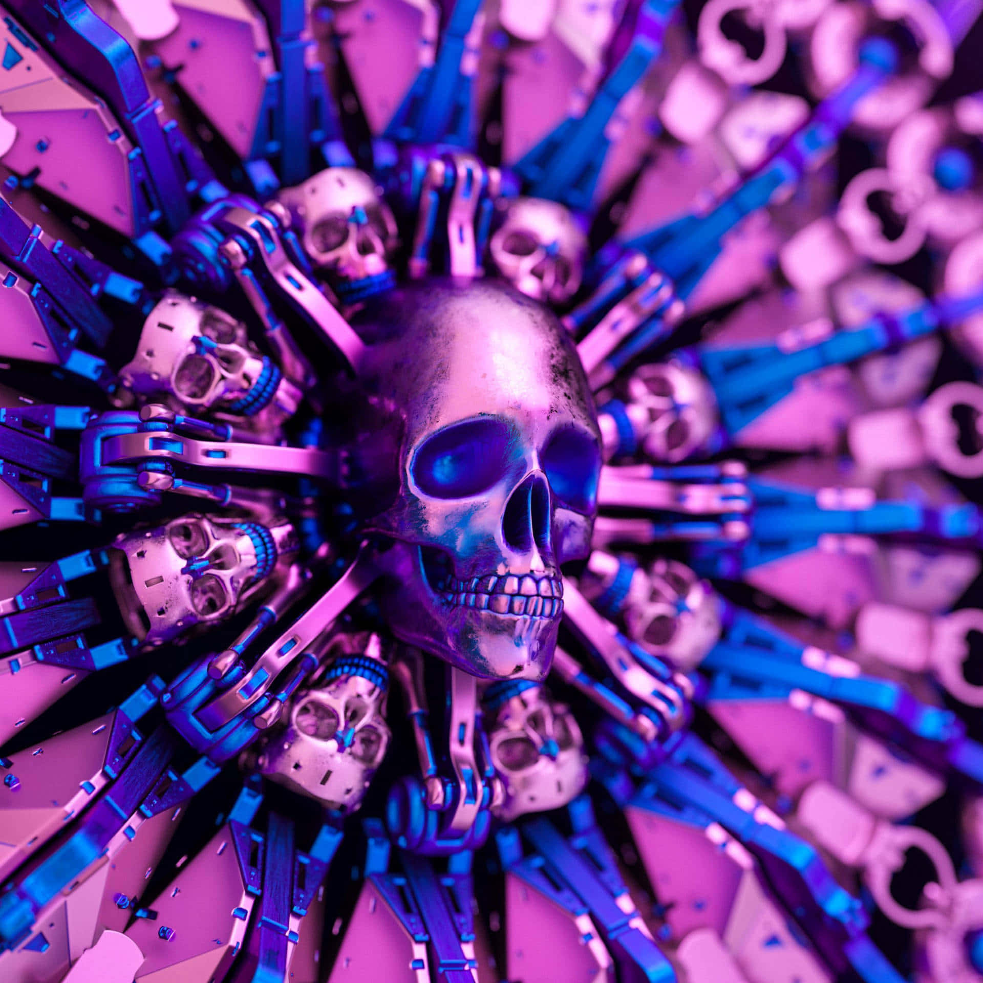 Galaxy Skull 桌布 壁紙 — 中央的金屬骷髏頭向外輻射，帶有機械臂和較小的骷髏頭，呈現充滿活力的紫色和藍色霓虹色調。