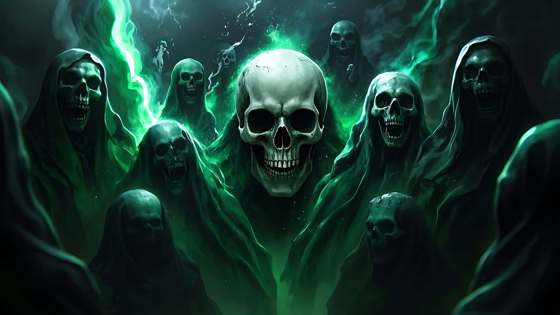 Ghost-Infested Skull with Screaming Shadows. ghost wallpaper 壁紙 — 中央的頭骨發出詭異的綠色光芒，周圍環繞著戴著頭罩的骷髏人物，構成一個黑暗神秘的場景。