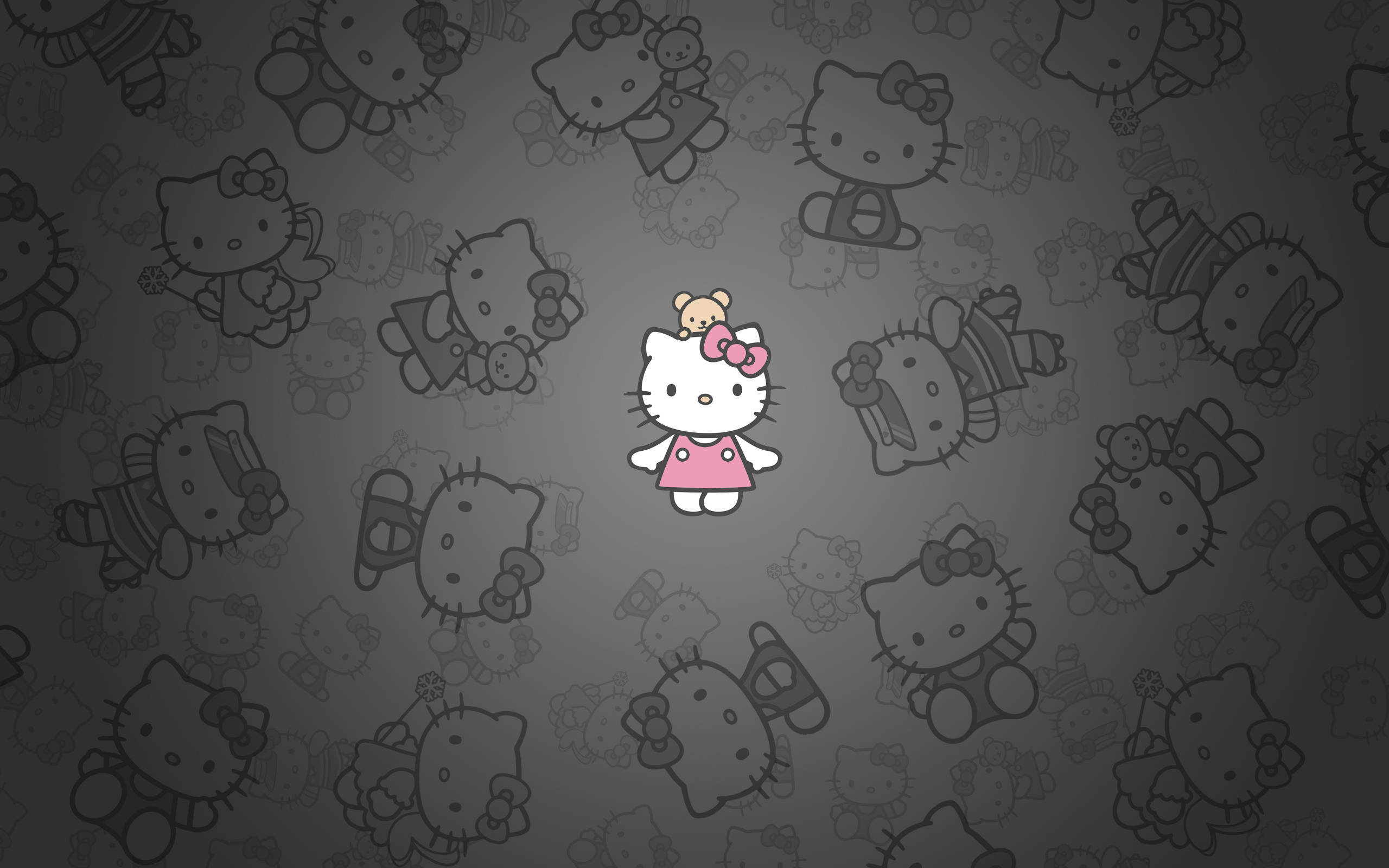 Kitty 桌布 壁紙 — 中央色彩繽紛的Hello Kitty在灰色調的褪色輪廓圖案中脫穎而出。