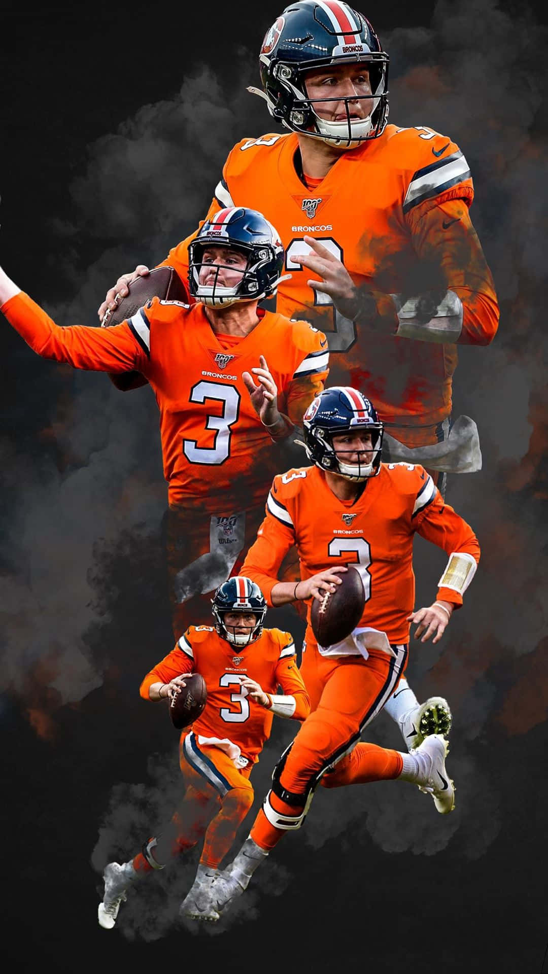 Clemson iPhone 桌布 壁紙 — 丹佛野馬隊四分衛身穿橙色球衣，在煙霧效果中捕捉到動態合成的動作瞬間。