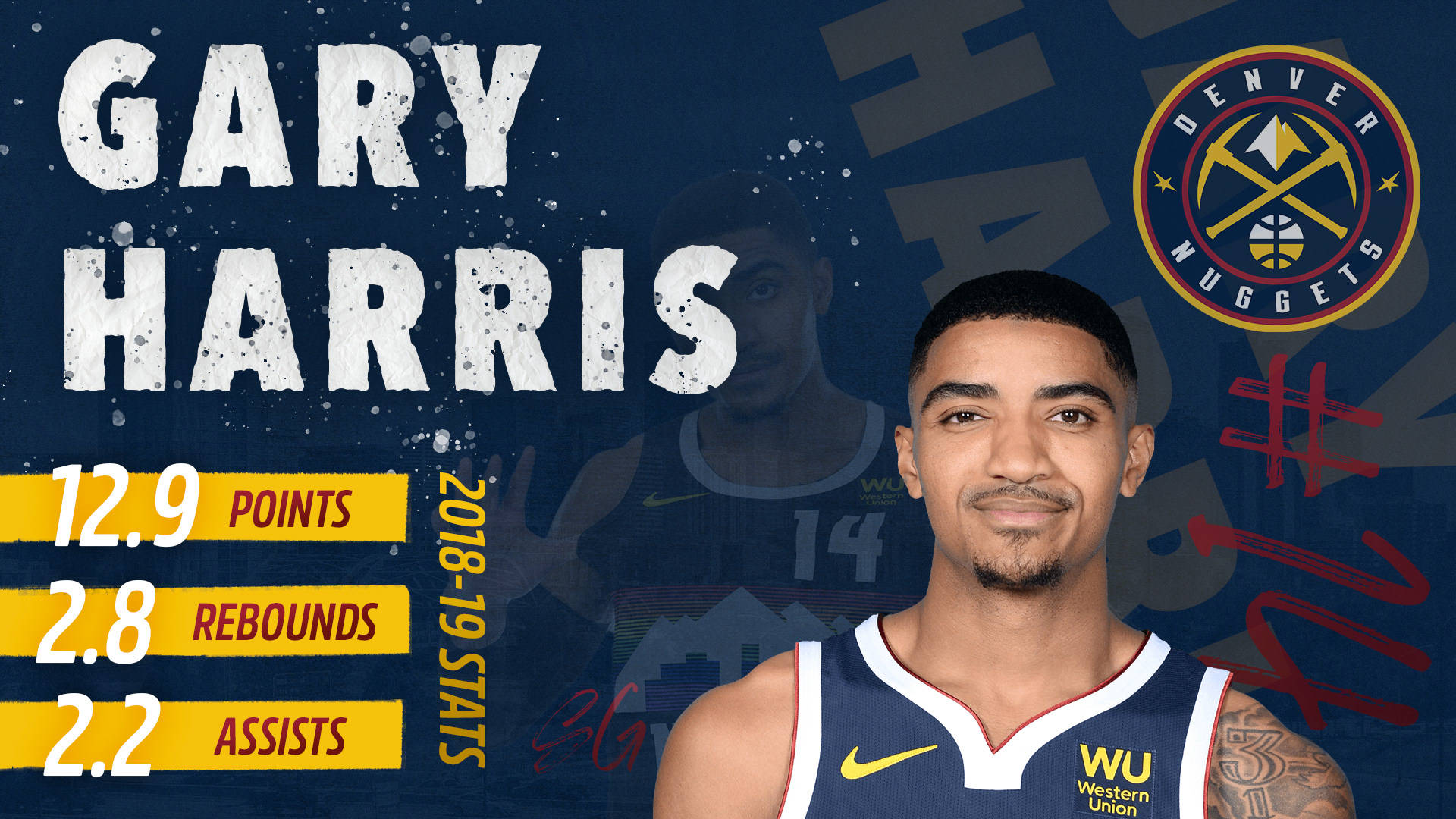 gary harris 桌布 壁紙 — 丹佛金塊隊球員蓋瑞哈里斯身穿金塊隊球衣的肖像，2018-19賽季數據顯示在深藍色紋理背景上。