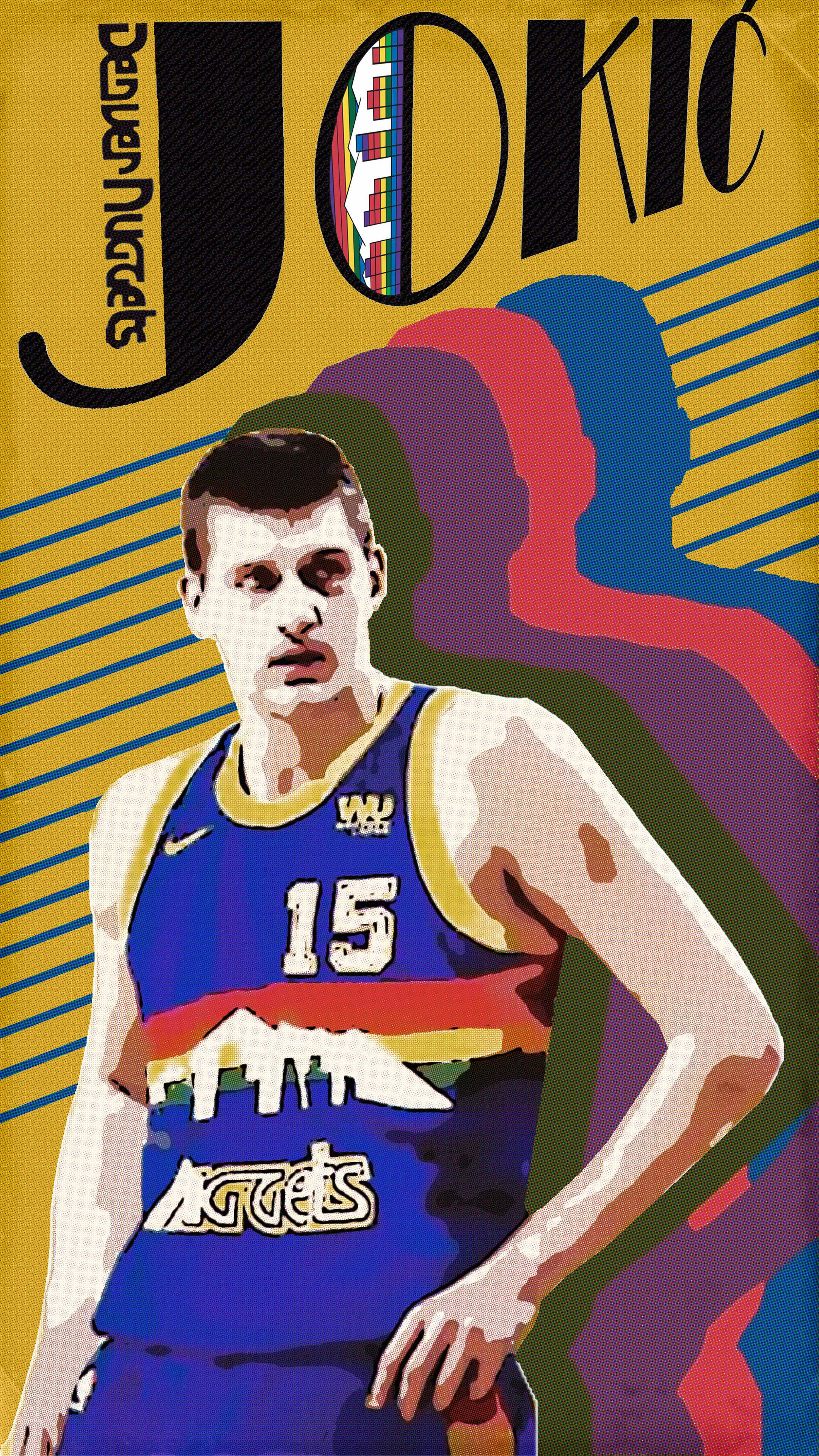 Jokic 桌布 壁紙 — 丹佛金塊隊球衣的籃球運動員尼古拉·約基奇的風格化圖形，背後有鮮豔大膽的抽象形狀。